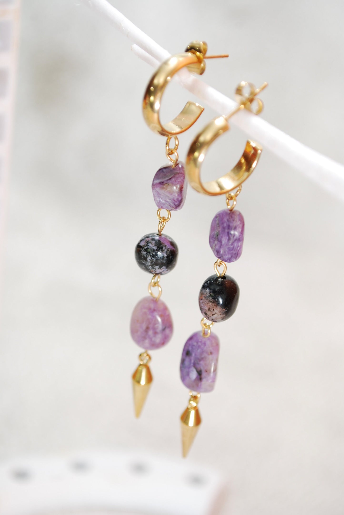 Long charoite stone cascade earrings,  spike gold plated stainless steel earrings,  8cm - 3.1"