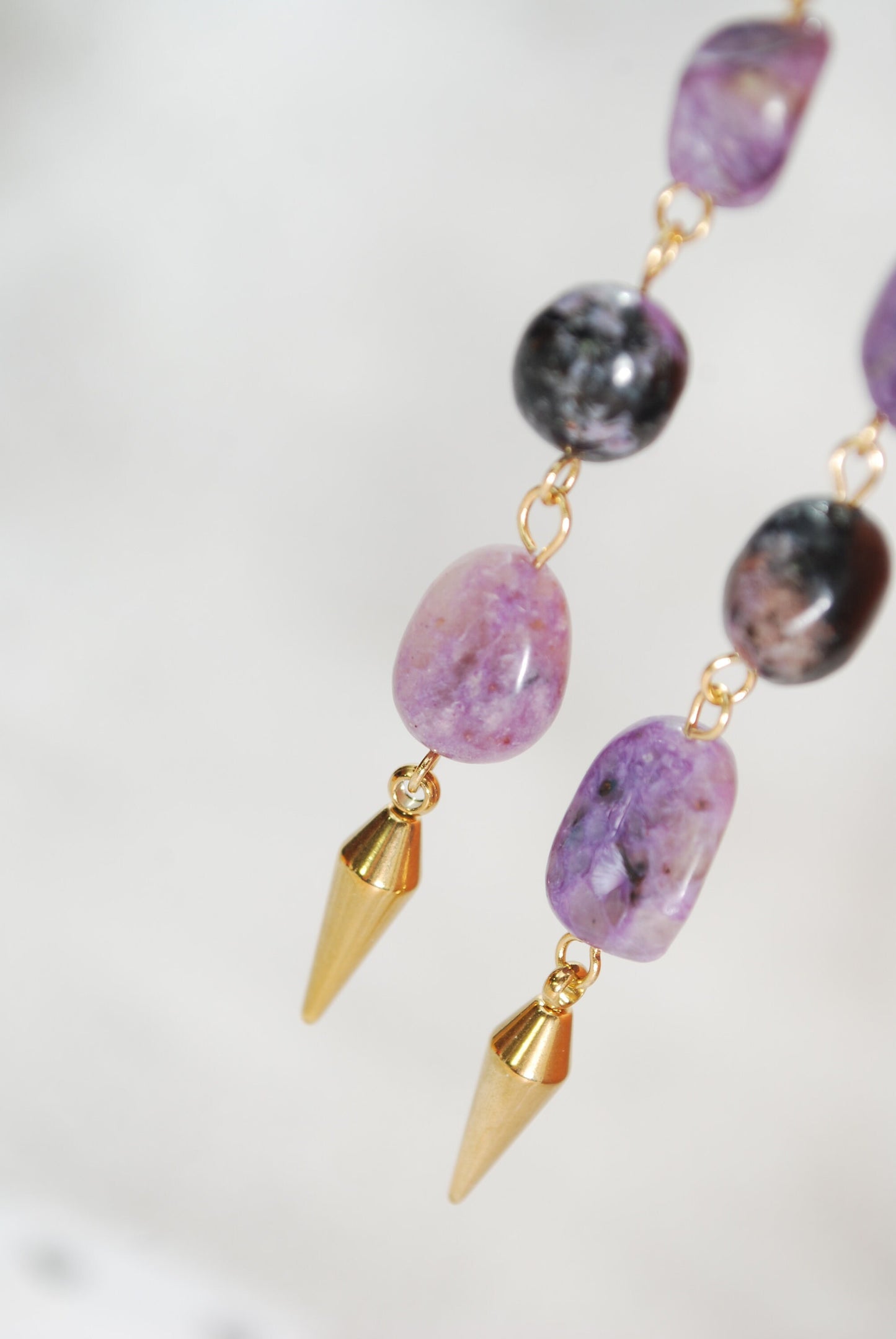 Long charoite stone cascade earrings,  spike gold plated stainless steel earrings,  8cm - 3.1"