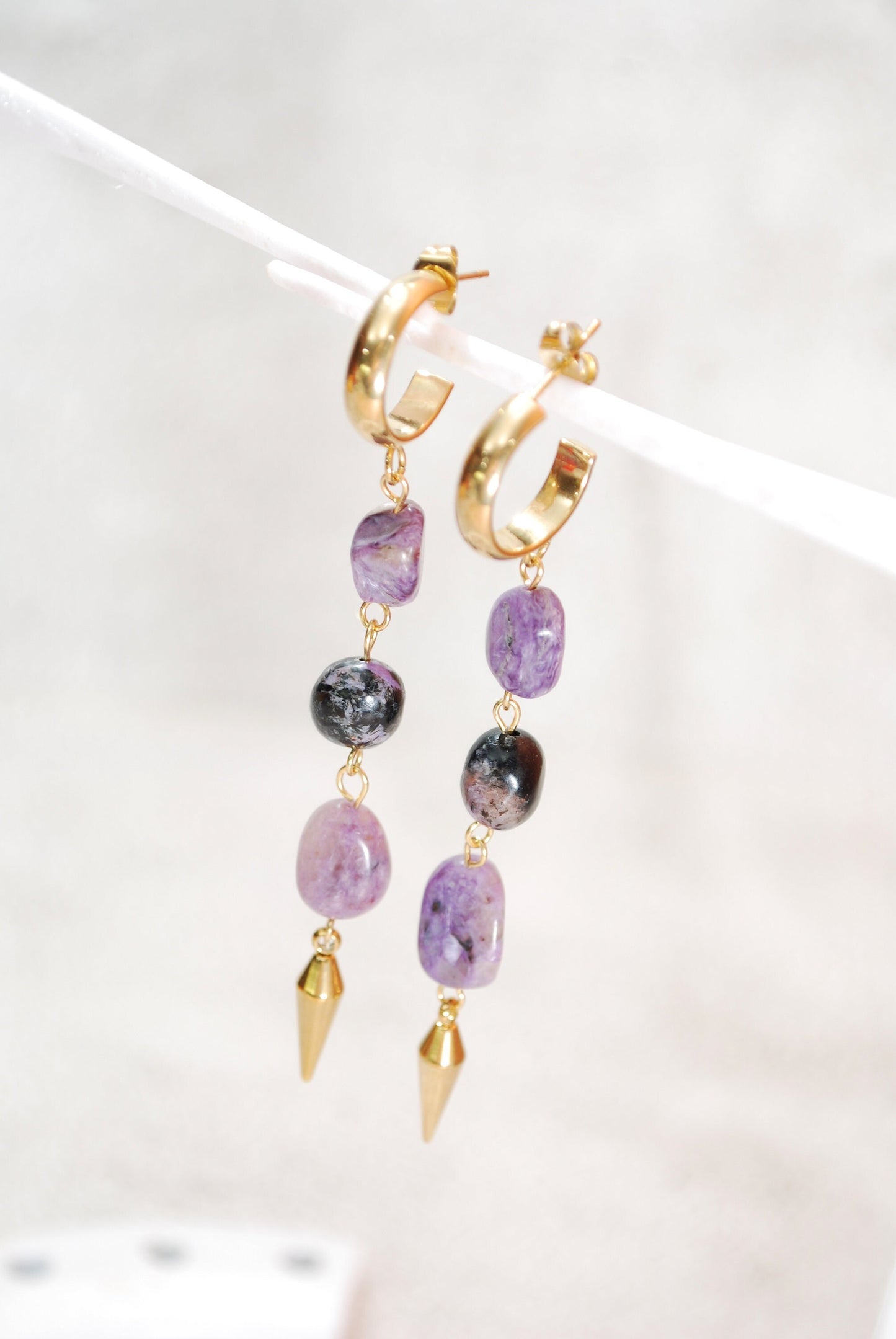 Long charoite stone cascade earrings,  spike gold plated stainless steel earrings,  8cm - 3.1"