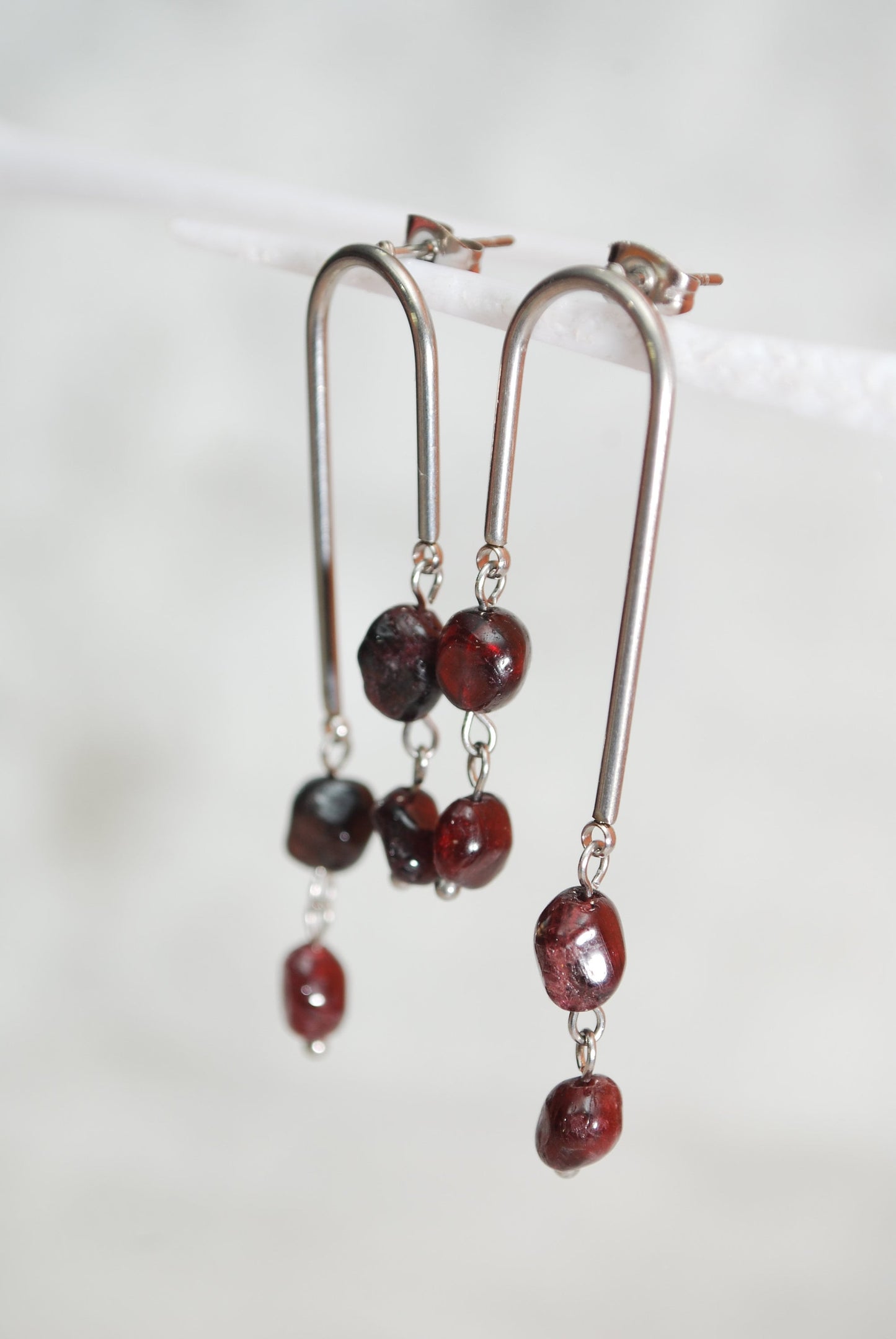 Garnet Stone Beads Arc Earrings, Stainless Steel Jewelry,  Bride Earrings, 6cm 2.3"