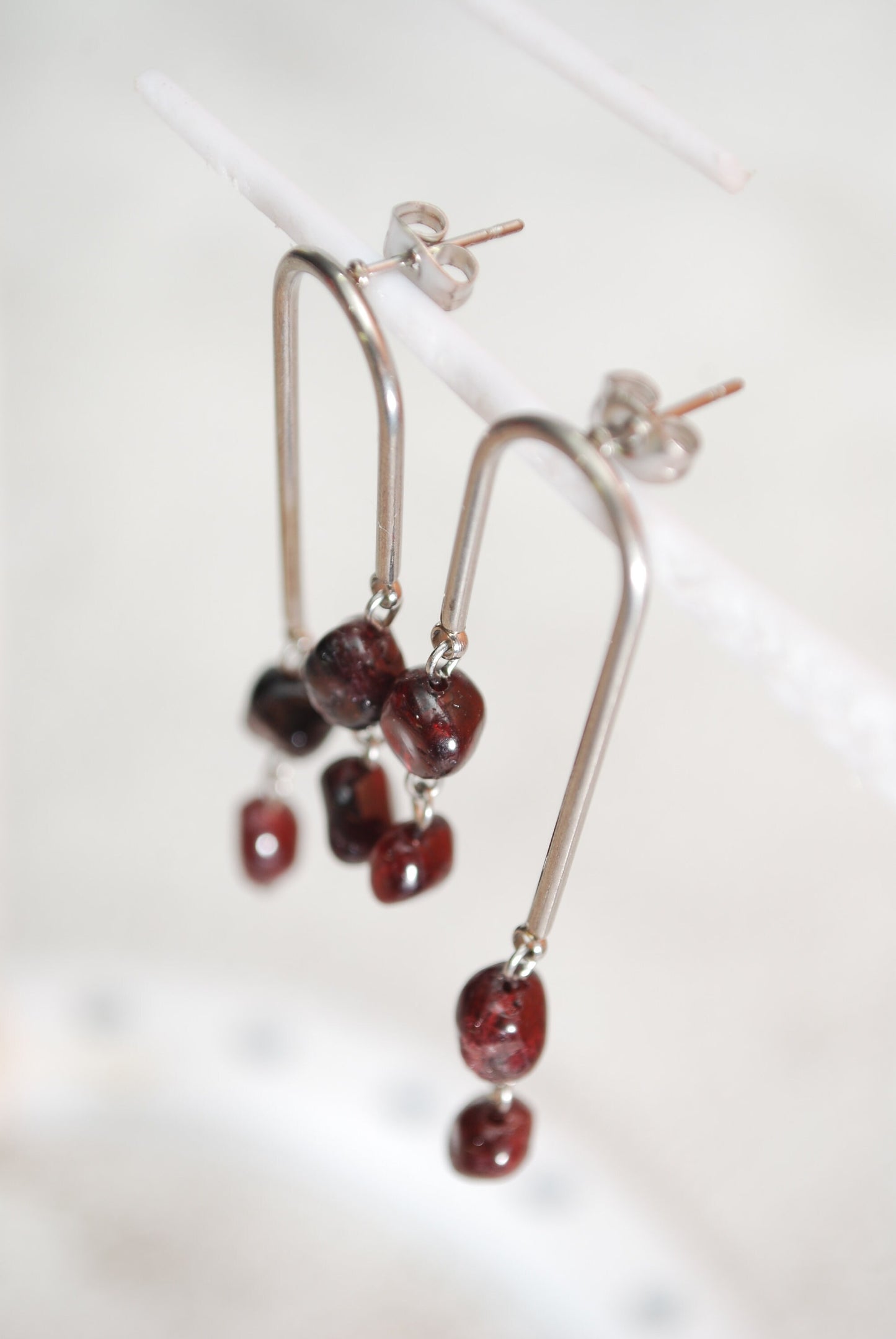 Garnet Stone Beads Arc Earrings, Stainless Steel Jewelry,  Bride Earrings, 6cm 2.3"