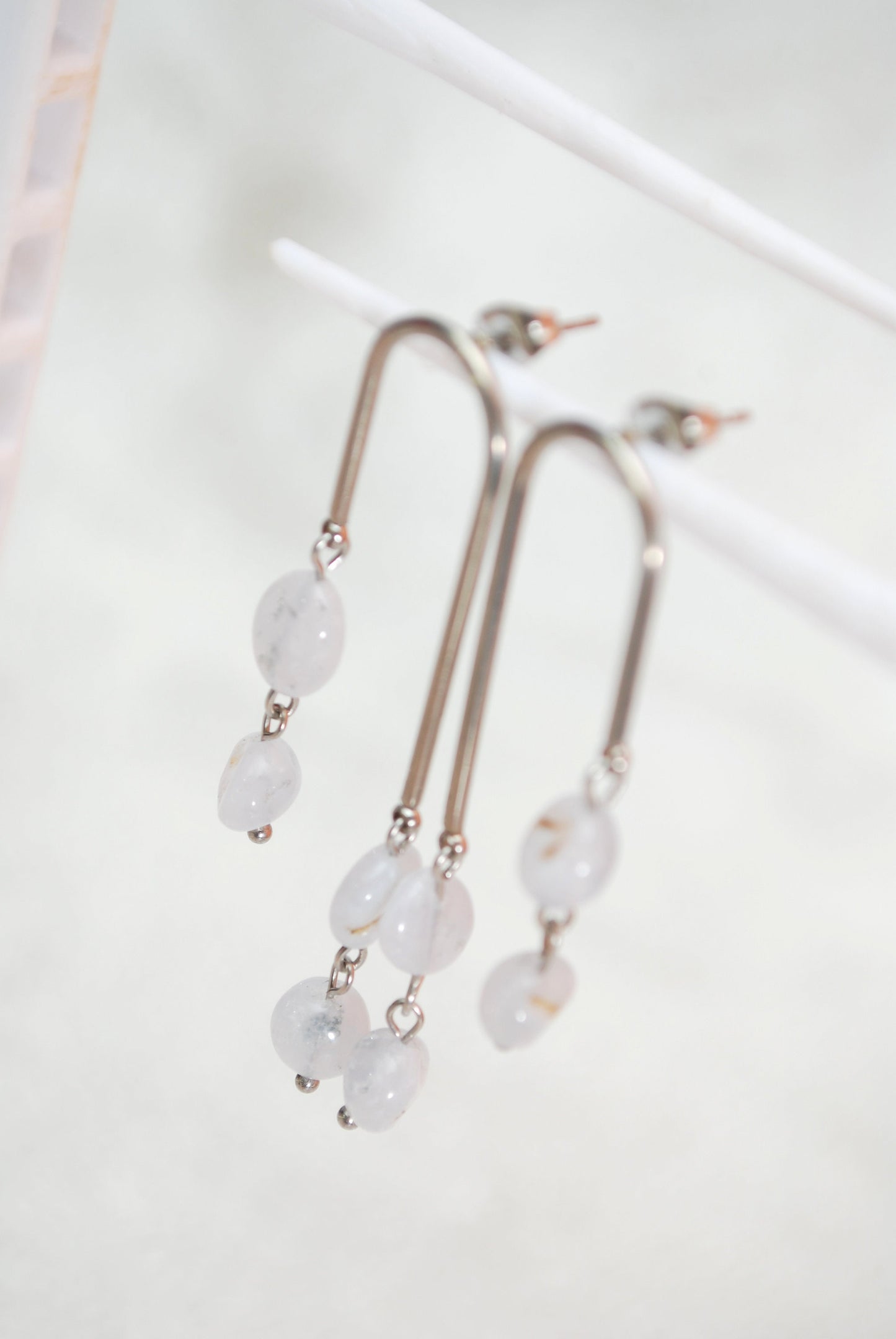 Chalcedony Stone Beads Arc Earrings, Stainless Steel Jewelry,  Hippie Wedding Jewelry, 6cm 2.3"