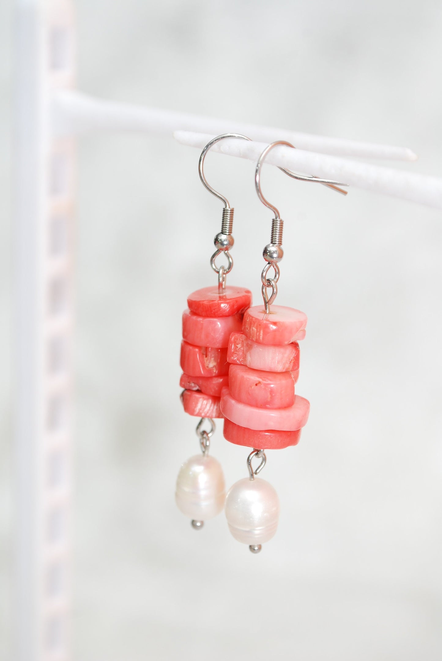 Coral stone & Big freshwater pearl earrings, estibela design, 5.7cm 2.2 inches. Classic and sophisticated adornments.