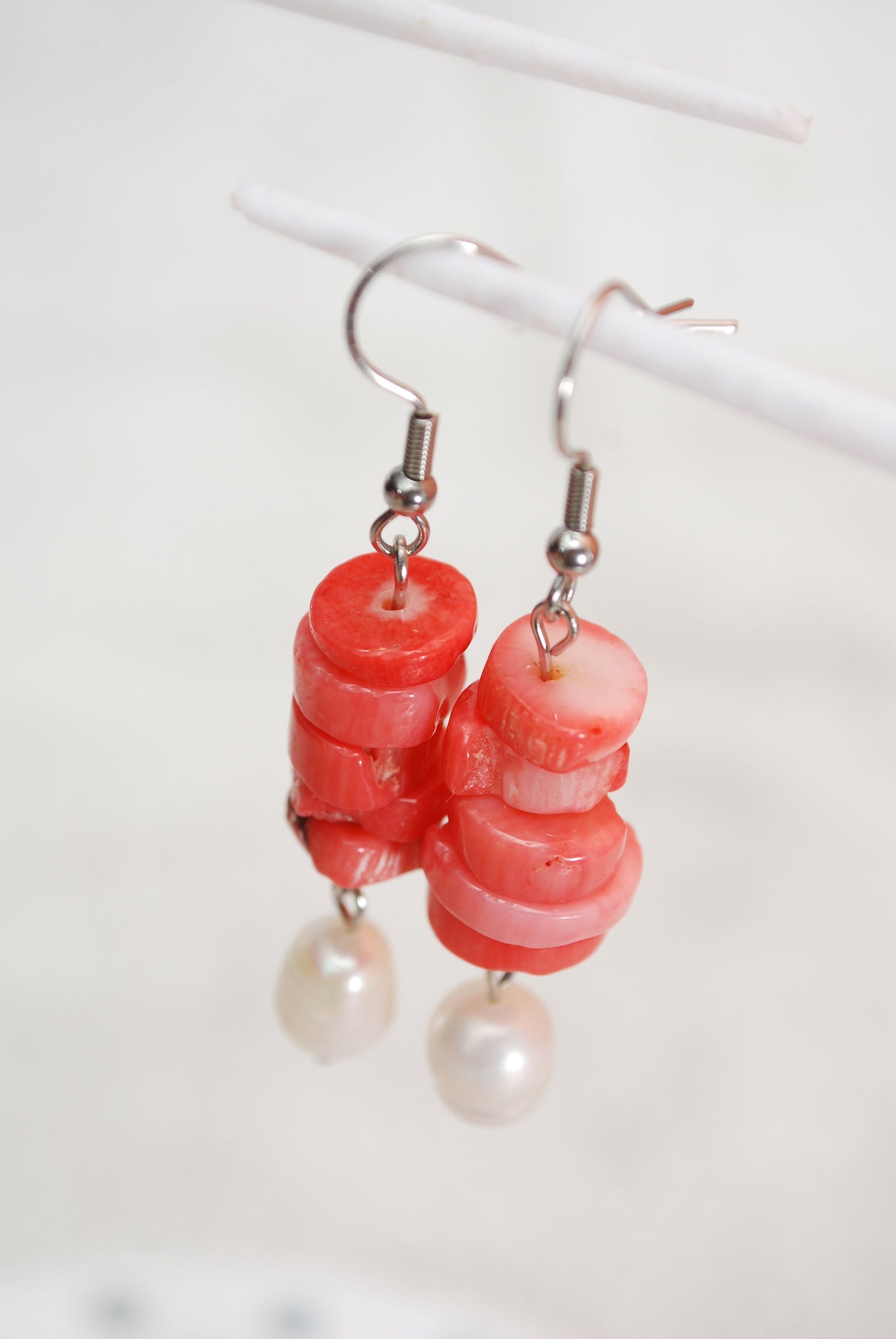 Coral stone & Big freshwater pearl earrings, estibela design, 5.7cm 2.2 inches. Classic and sophisticated adornments.