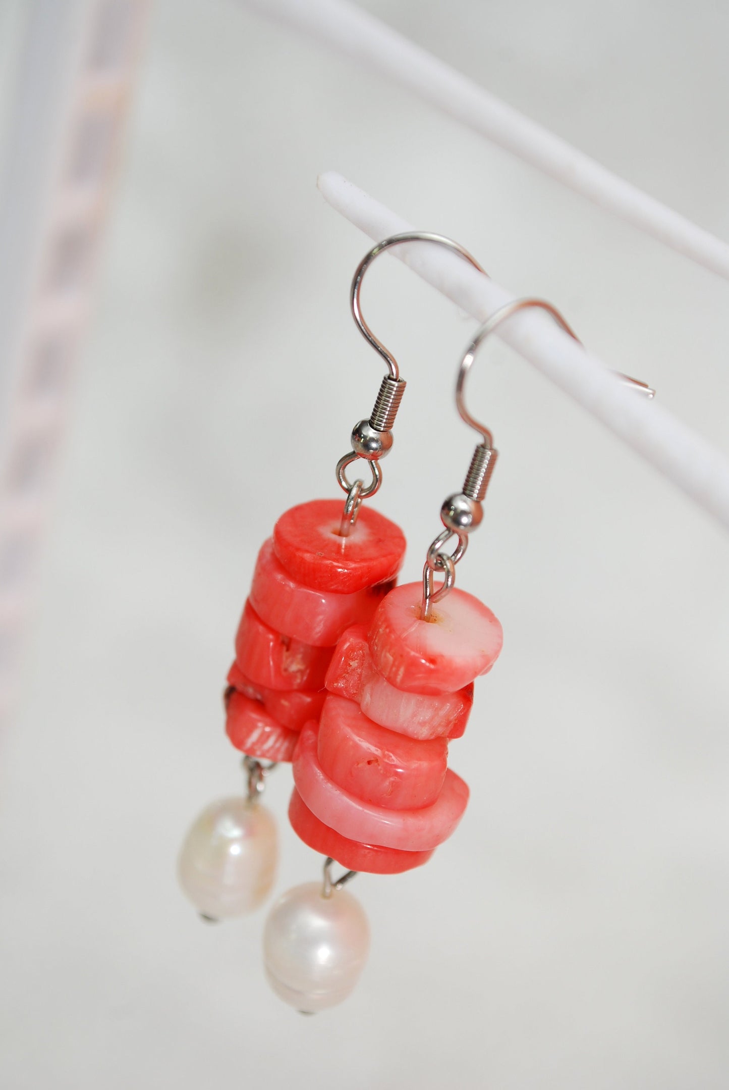 Coral stone & Big freshwater pearl earrings, estibela design, 5.7cm 2.2 inches. Classic and sophisticated adornments.