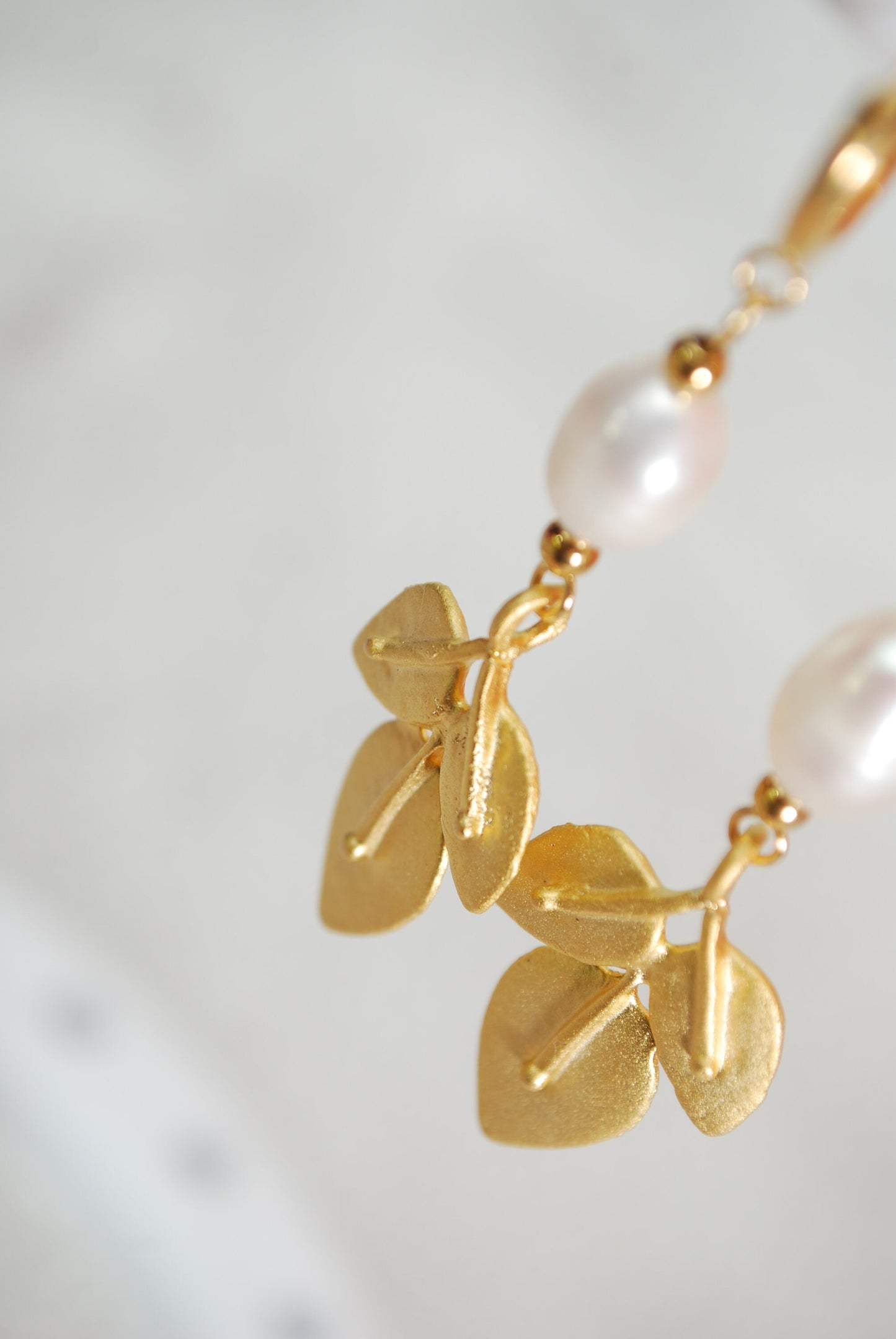 Gold plated Leaf Drop Earrings, Freshwater pearl earrings, Bohemian Hoops, Classic outfit, 6cm 2.3"