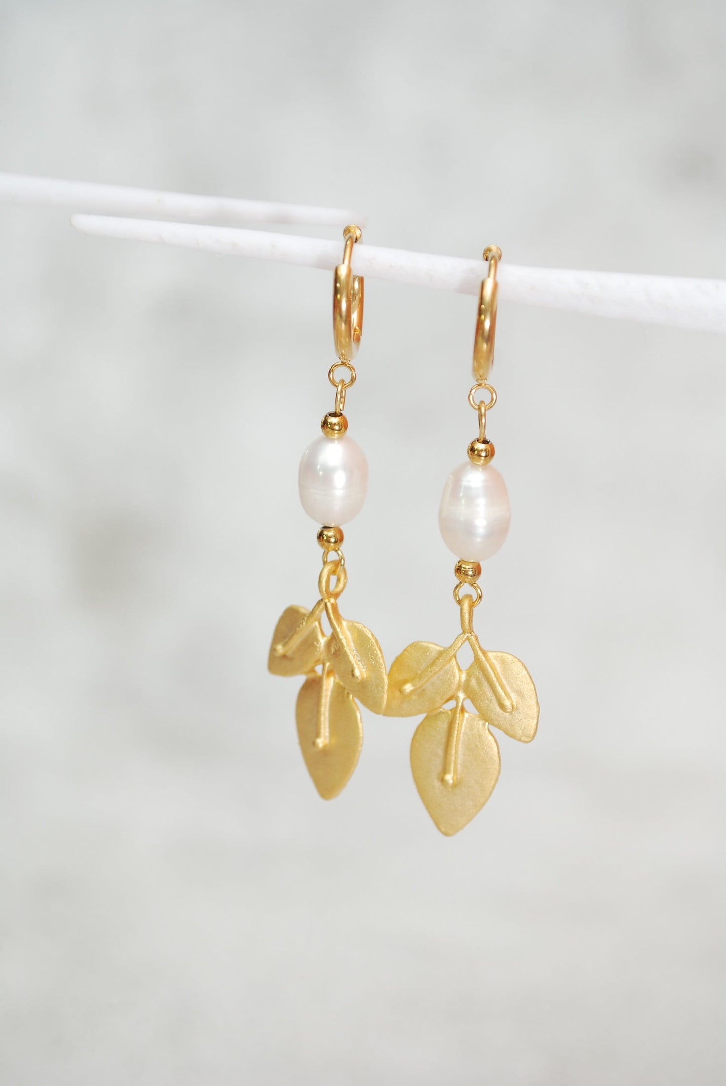 Gold plated Leaf Drop Earrings, Freshwater pearl earrings, Bohemian Hoops, Classic outfit, 6cm 2.3"