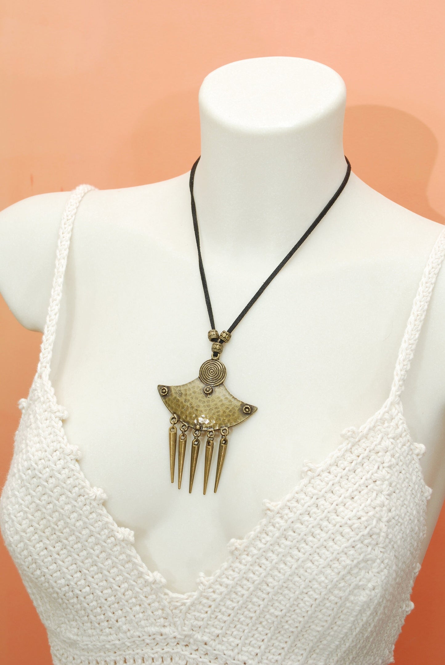 Sexy Leather Wrap Necklace, Black Suede Cord, Spike Ethnic Big Pendant, Estibela Design