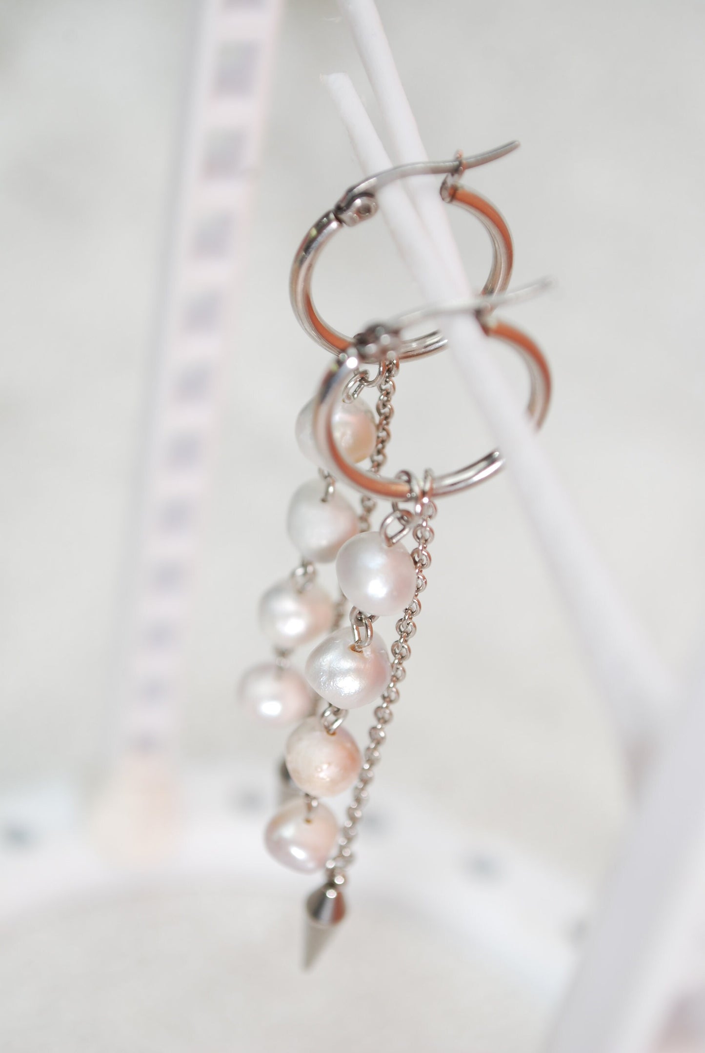 Long Chain Stainless Steel & Freshwater Pearl Earrings, Large Hook spike earrings, Estibela, 9cm 3.5"