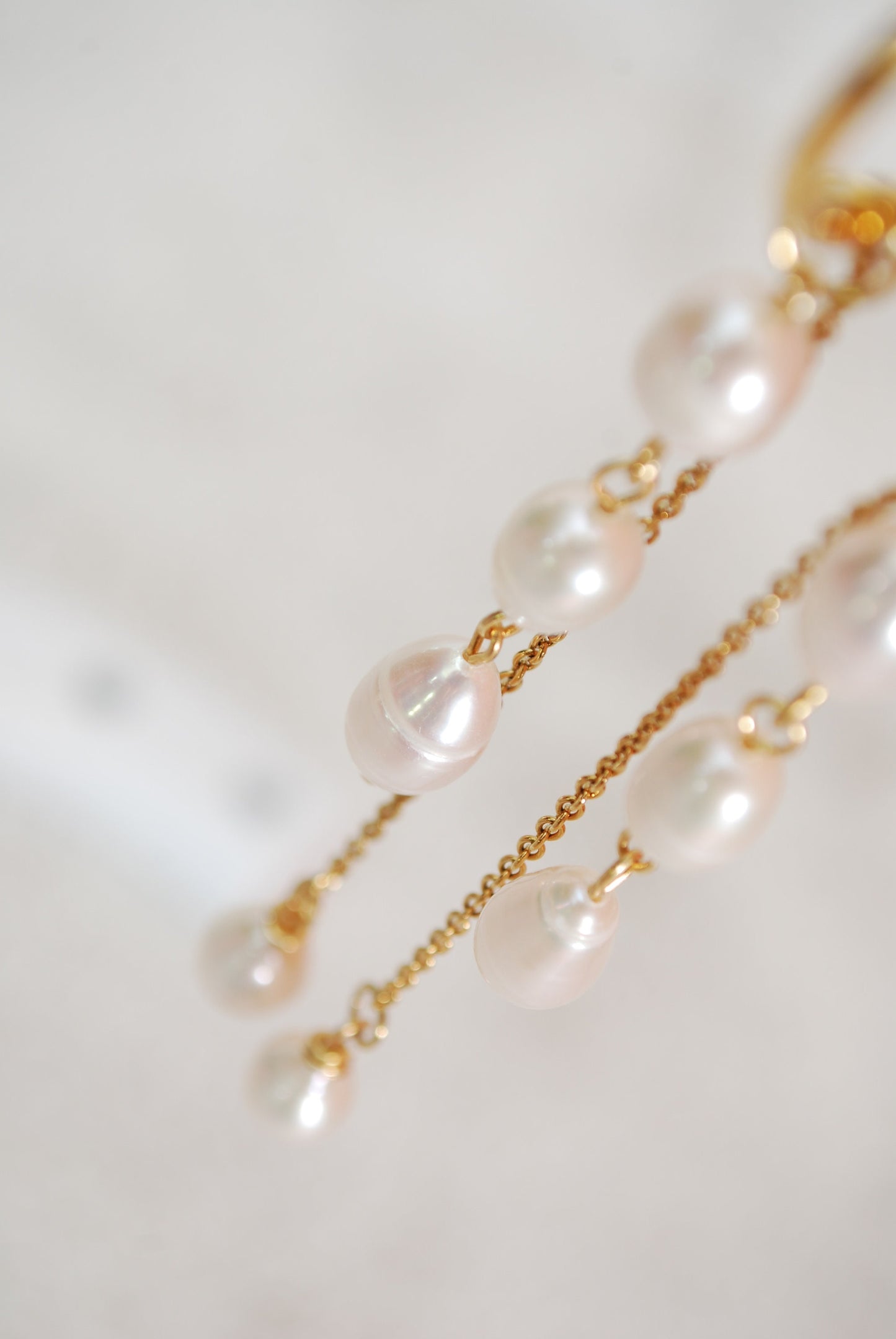 Long cascade pearl earrings, gold plated stainless steel hoop chain earrings, wedding bride , 9.5cm