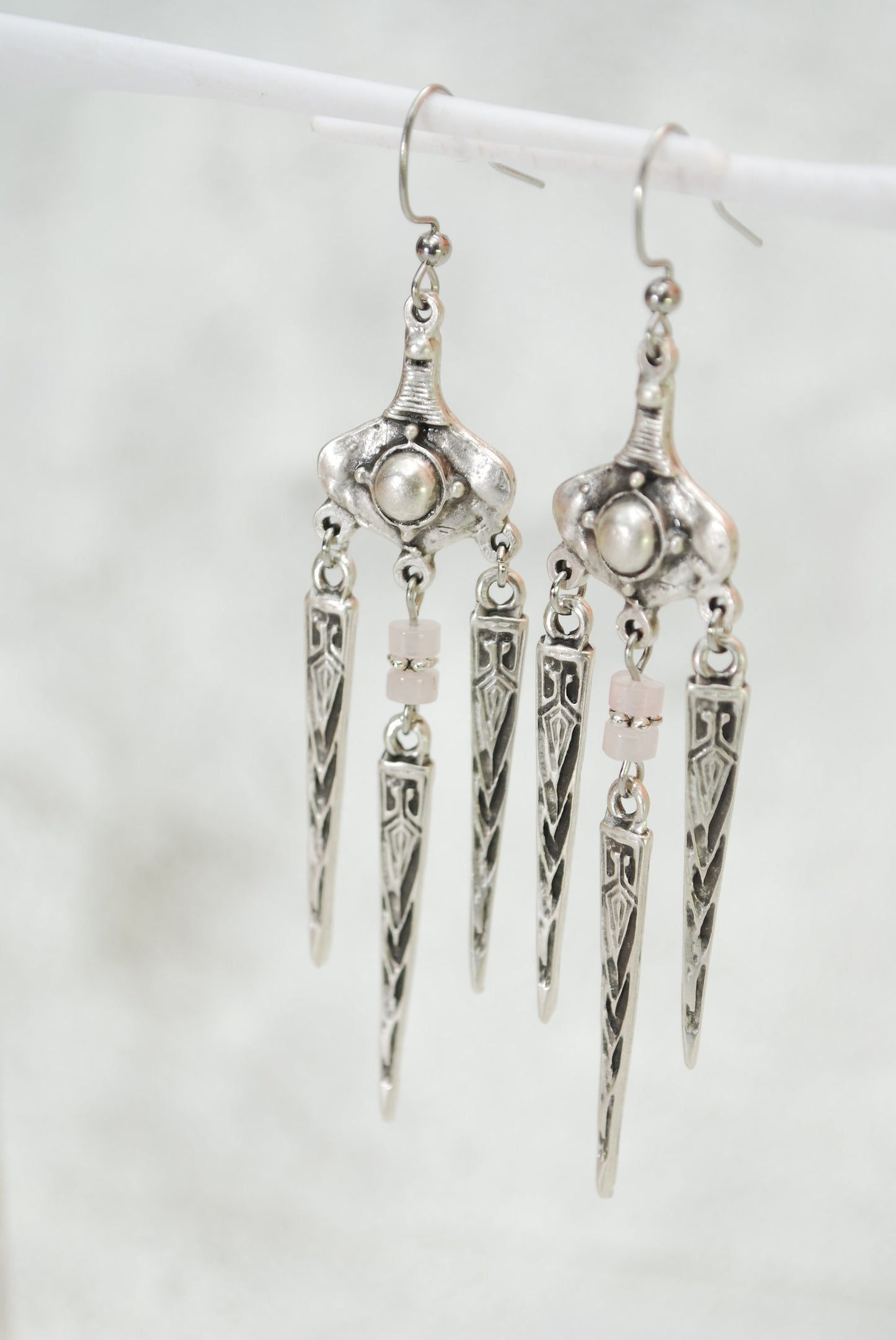 Aztec Inca Earrings, Tribal Jewelry, Antique silver Spike Earrings, Ethnic Art, 8.5 cm 3.4" Pink Quartz stone