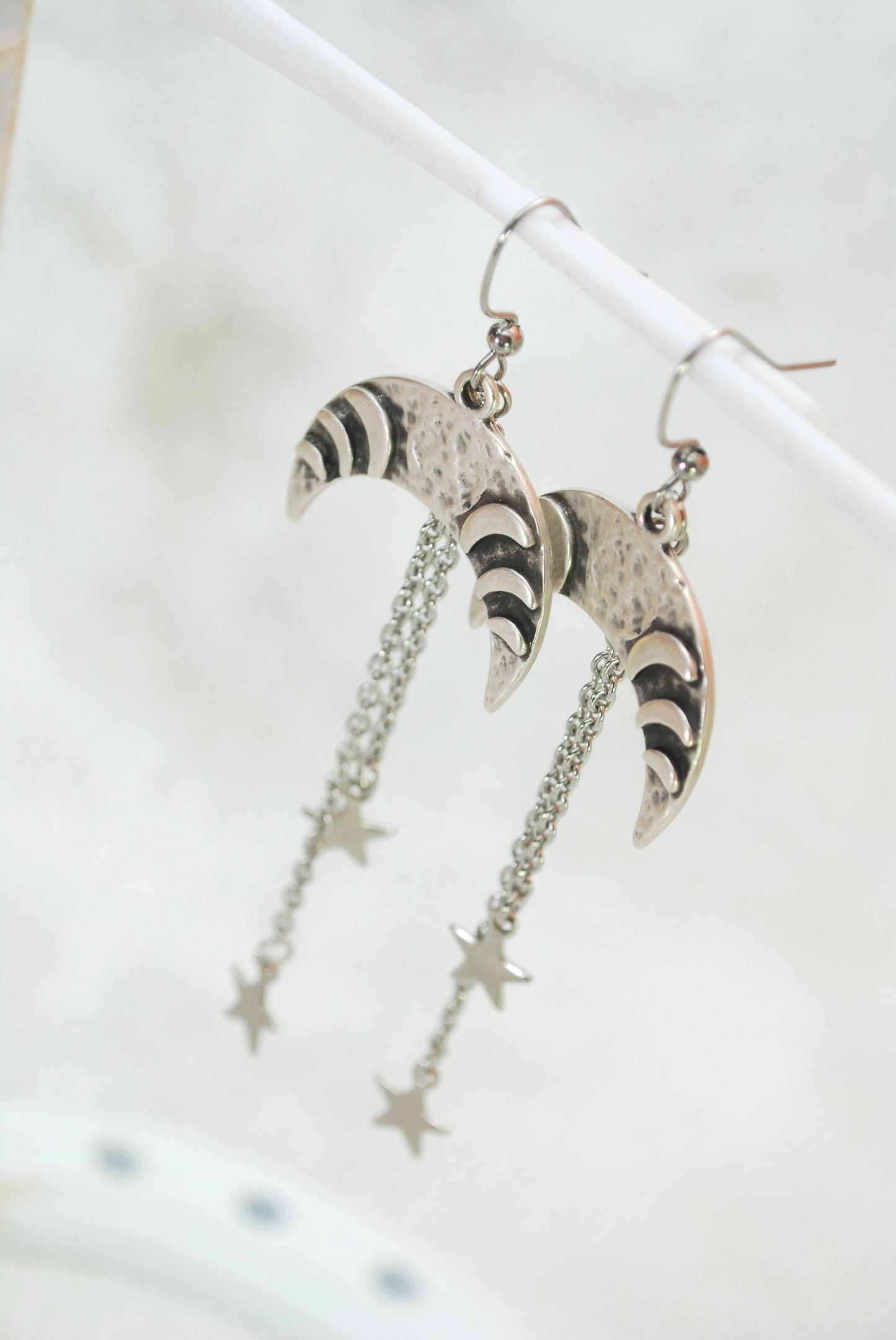 Hippie half moon & star long chain earrings, 9cm - 3.5" length, Antique silver drop earrings