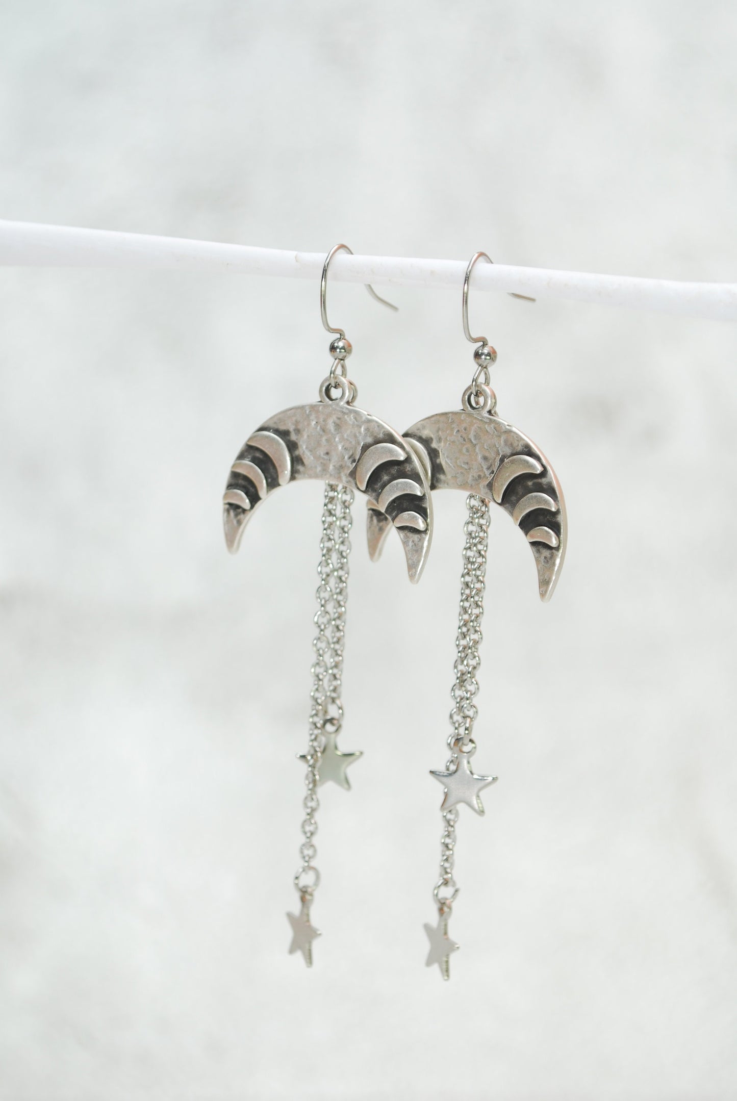 Hippie half moon & star long chain earrings, 9cm - 3.5" length, Antique silver drop earrings