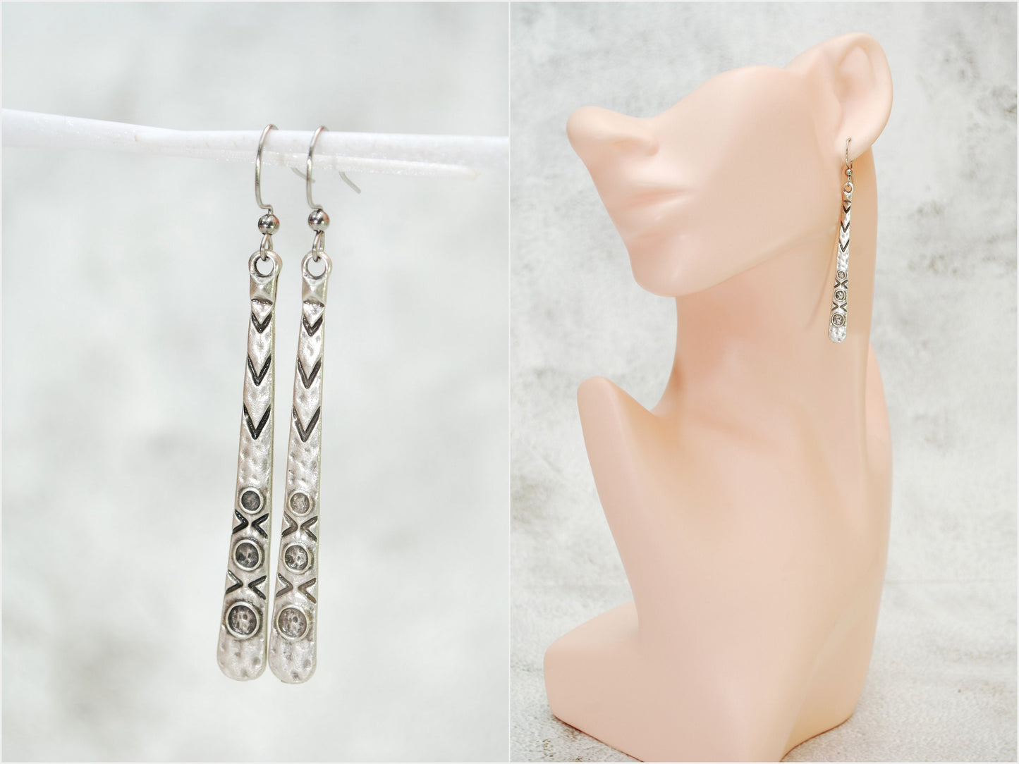 Boho Earrings, Long Geometric Earrings, Antique Silver Teardrop Earrings 7,4cm - 3in, Estibela design.