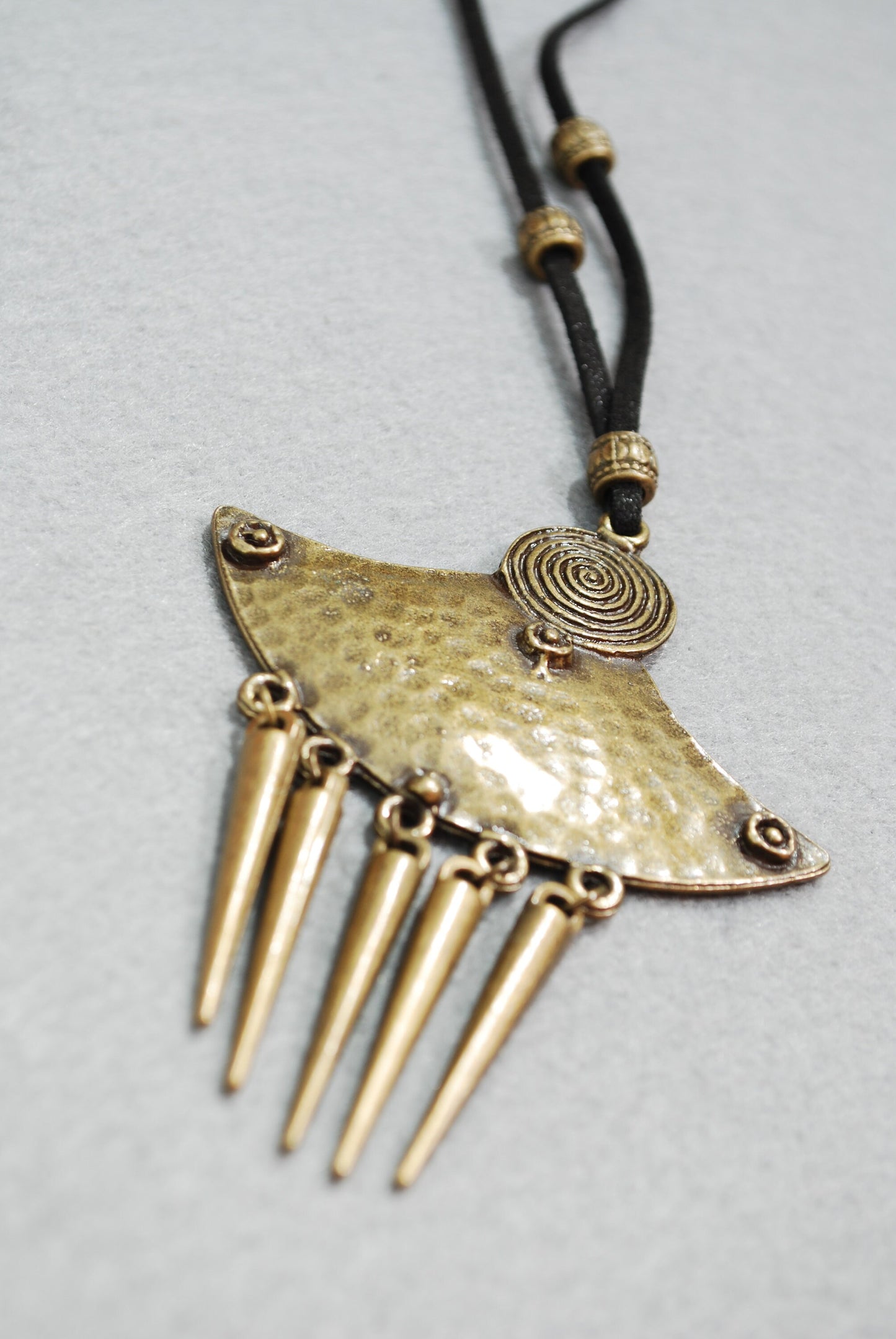 Sexy Leather Wrap Necklace, Black Suede Cord, Spike Ethnic Big Pendant, Estibela Design