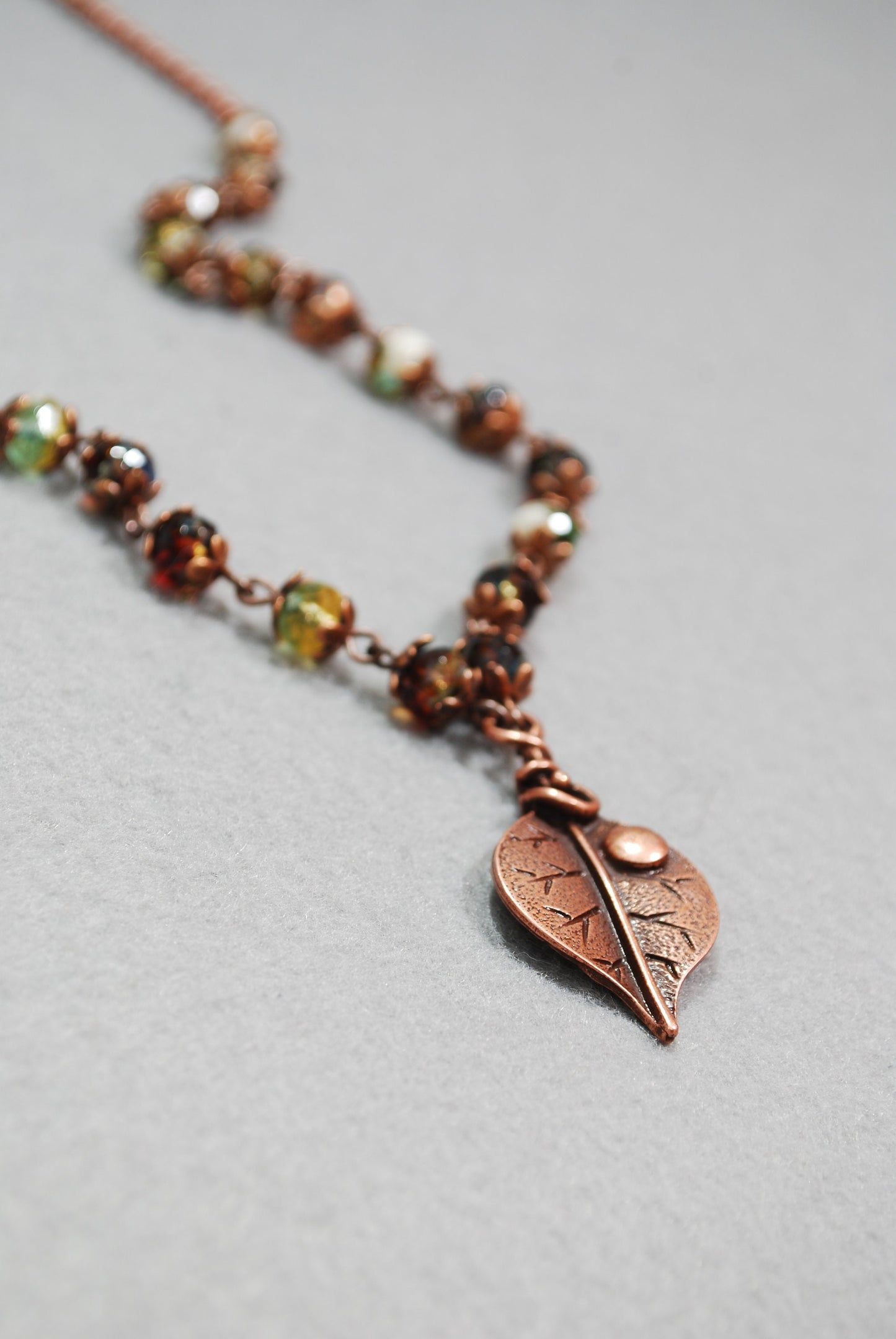 Elegant long beaded leaf charm necklace, Tibetan agate Dzi Beads necklace, autumn colors, Copper & green