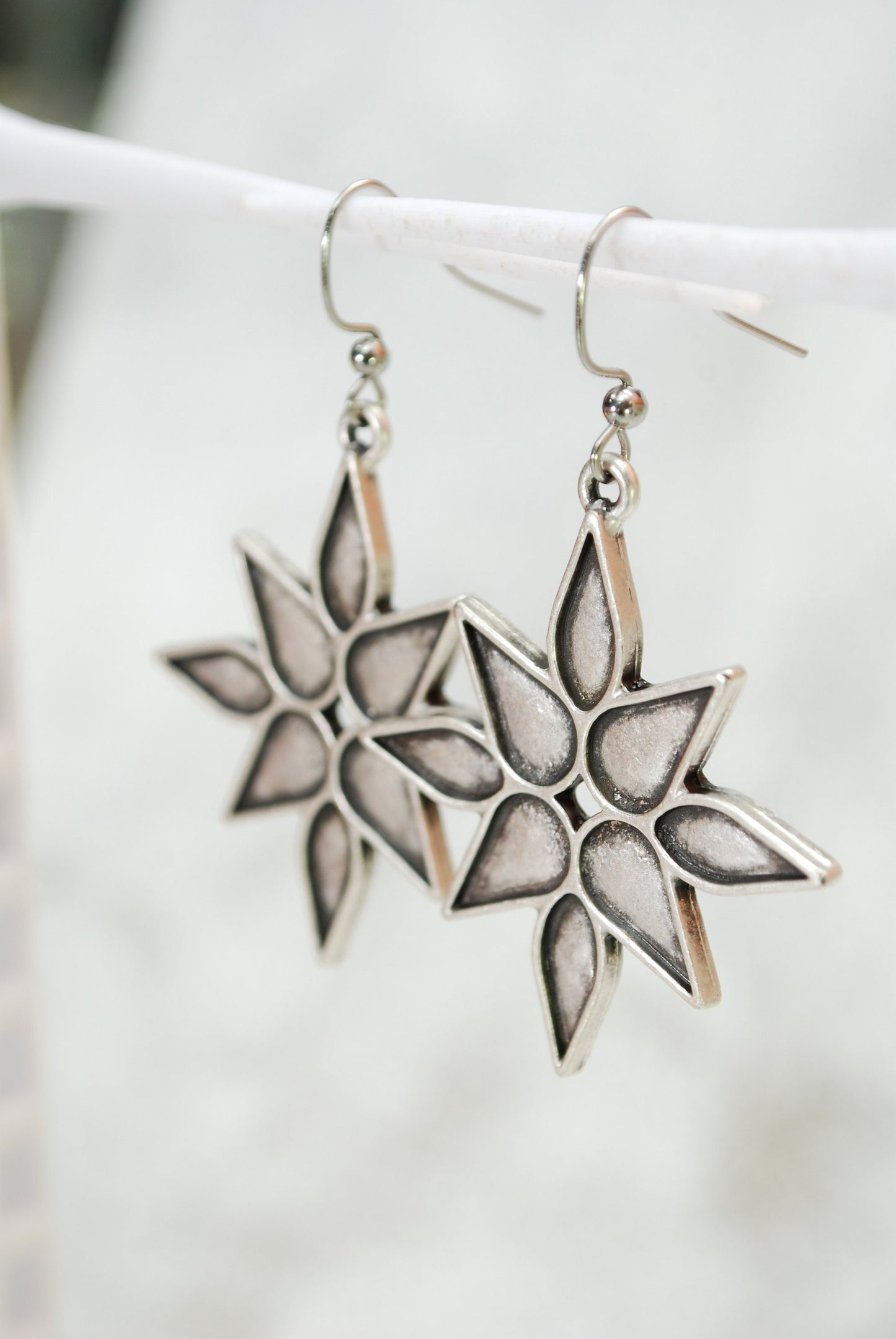 Boho Ethnic Style: Antique Silver Large Star Earrings with Effortless Elegance, Lightweight   2.3" (6cm)