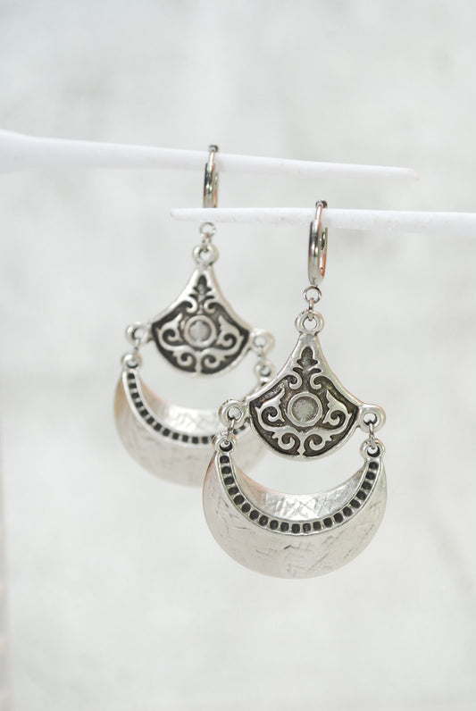 Vintage style jewelry, Hippie Bohemian earrings,  silver plated  earrings, stainless steel hook, Ethnic earrings, 6cm 2.5"