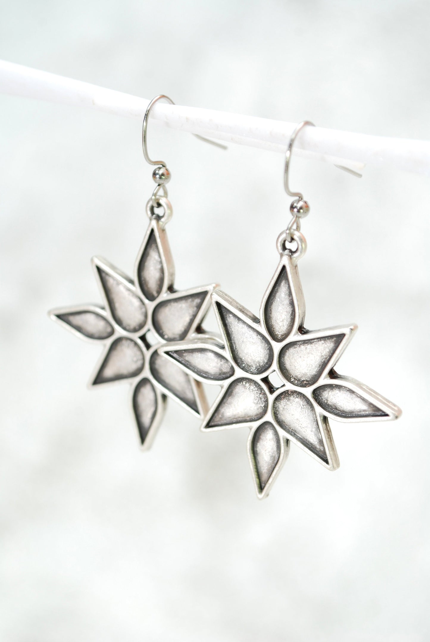 Boho Ethnic Style: Antique Silver Large Star Earrings with Effortless Elegance, Lightweight   2.3" (6cm)