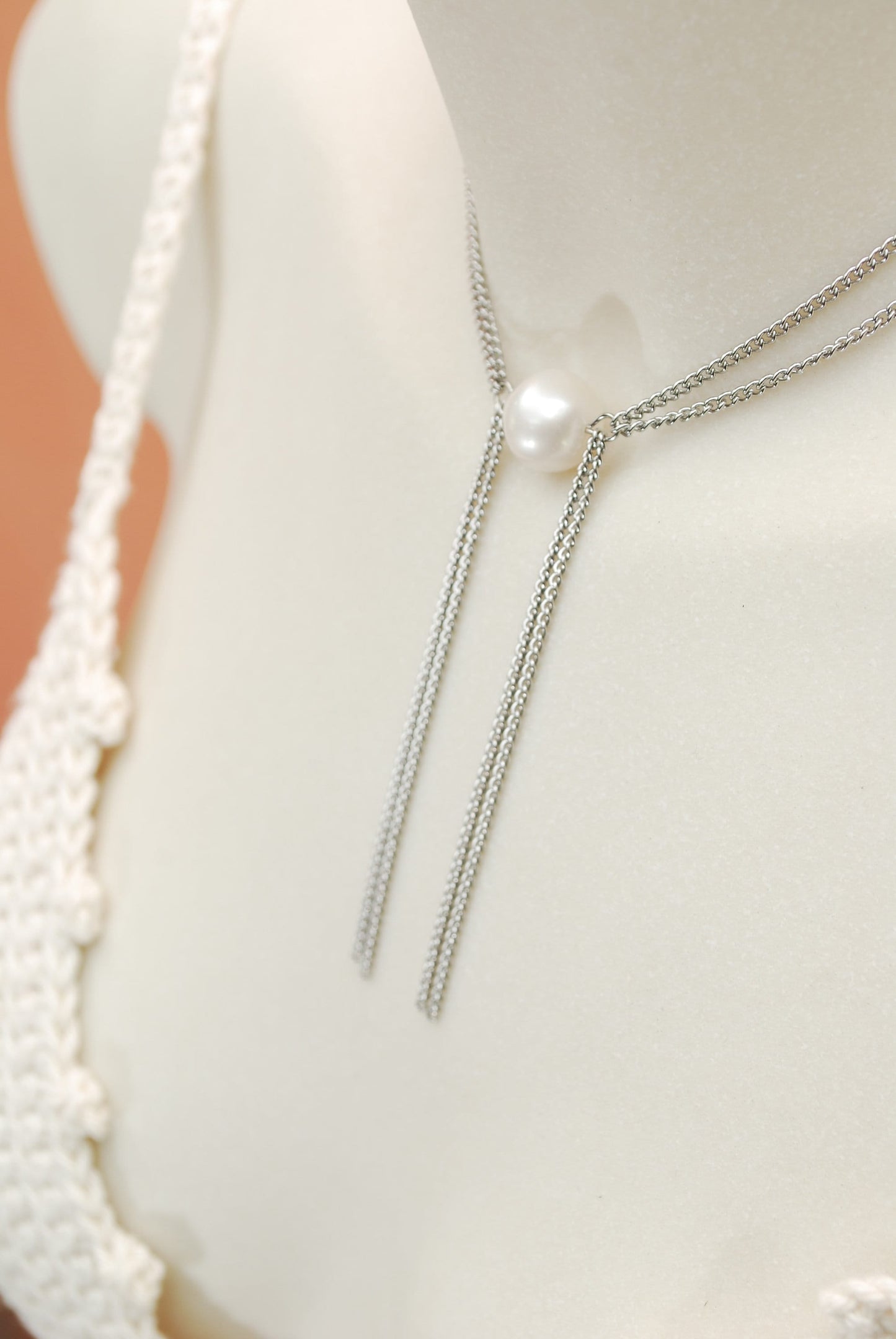 Fringe Chain & Big Pearl Necklace, Exclusive minimalist design, Stainless steel chain, 13" - 35cm with an adjustable chain