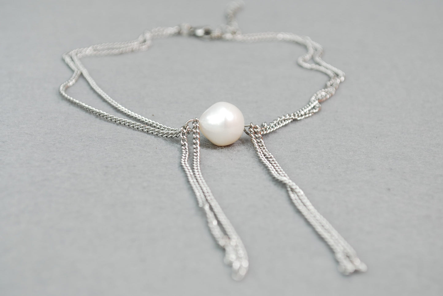 Fringe Chain & Big Pearl Necklace, Exclusive minimalist design, Stainless steel chain, 13" - 35cm with an adjustable chain