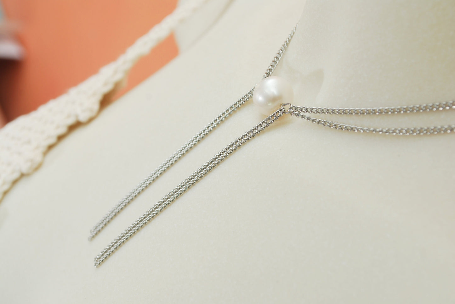 Fringe Chain & Big Pearl Necklace, Exclusive minimalist design, Stainless steel chain, 13" - 35cm with an adjustable chain