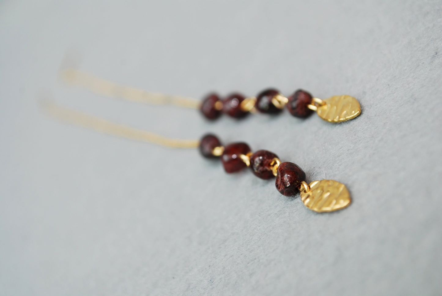 Cascade threader garnet stone gold earrings , long chain stainless steel earrings,  18cm - 7"