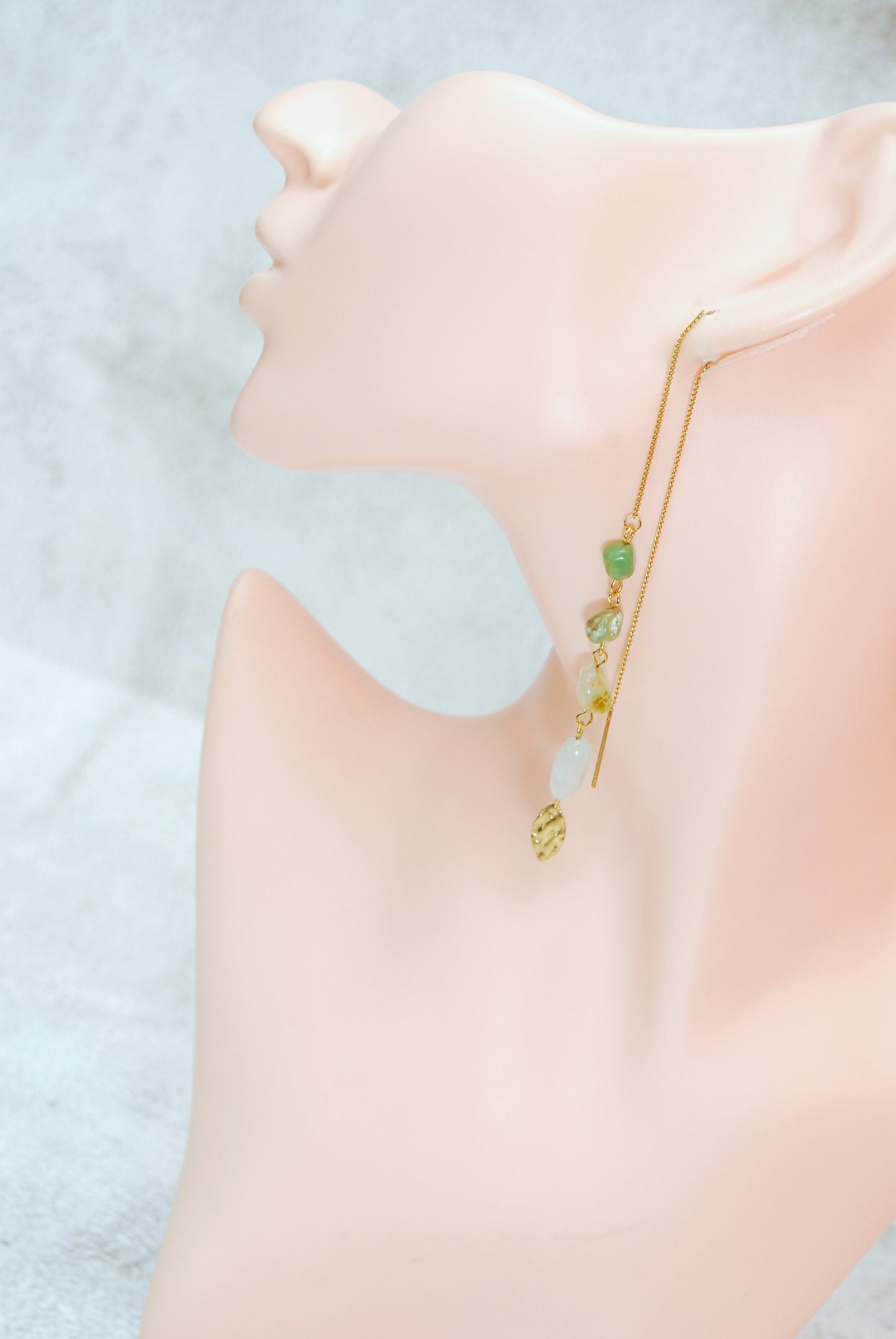 Chrysoprase stone cascade threader earrings, gold stainless steellong chain earrings, 19cm - 7.5"