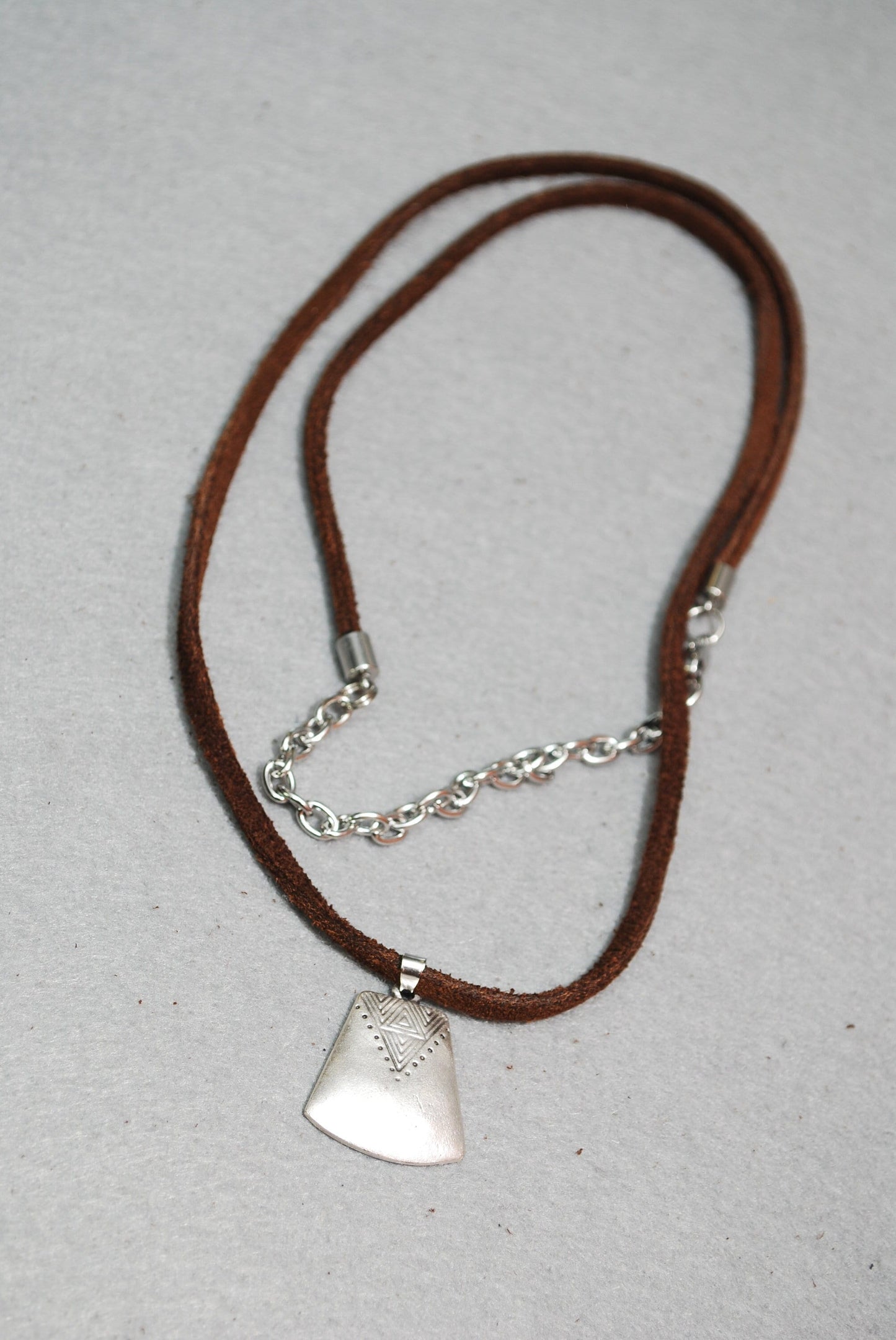 Ethnic necklace, brown leather cord & large stainless steel chain two turns, 29" - 74cm