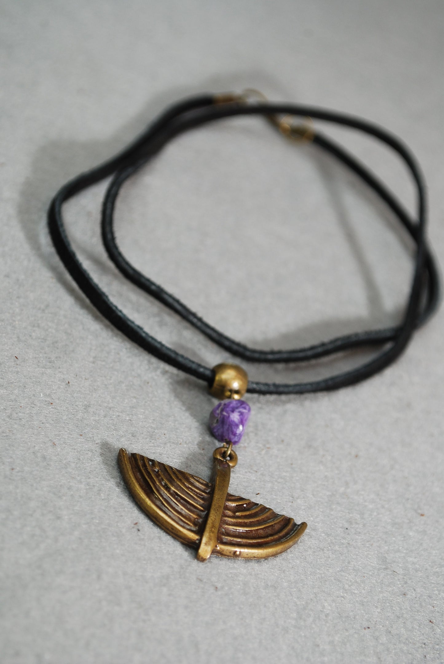 Boho Bronze Tribal Pendant with Purple Charoite Stone, Artisan Jewelry for Summer Outfits, 27 Inch Necklace from Estibela