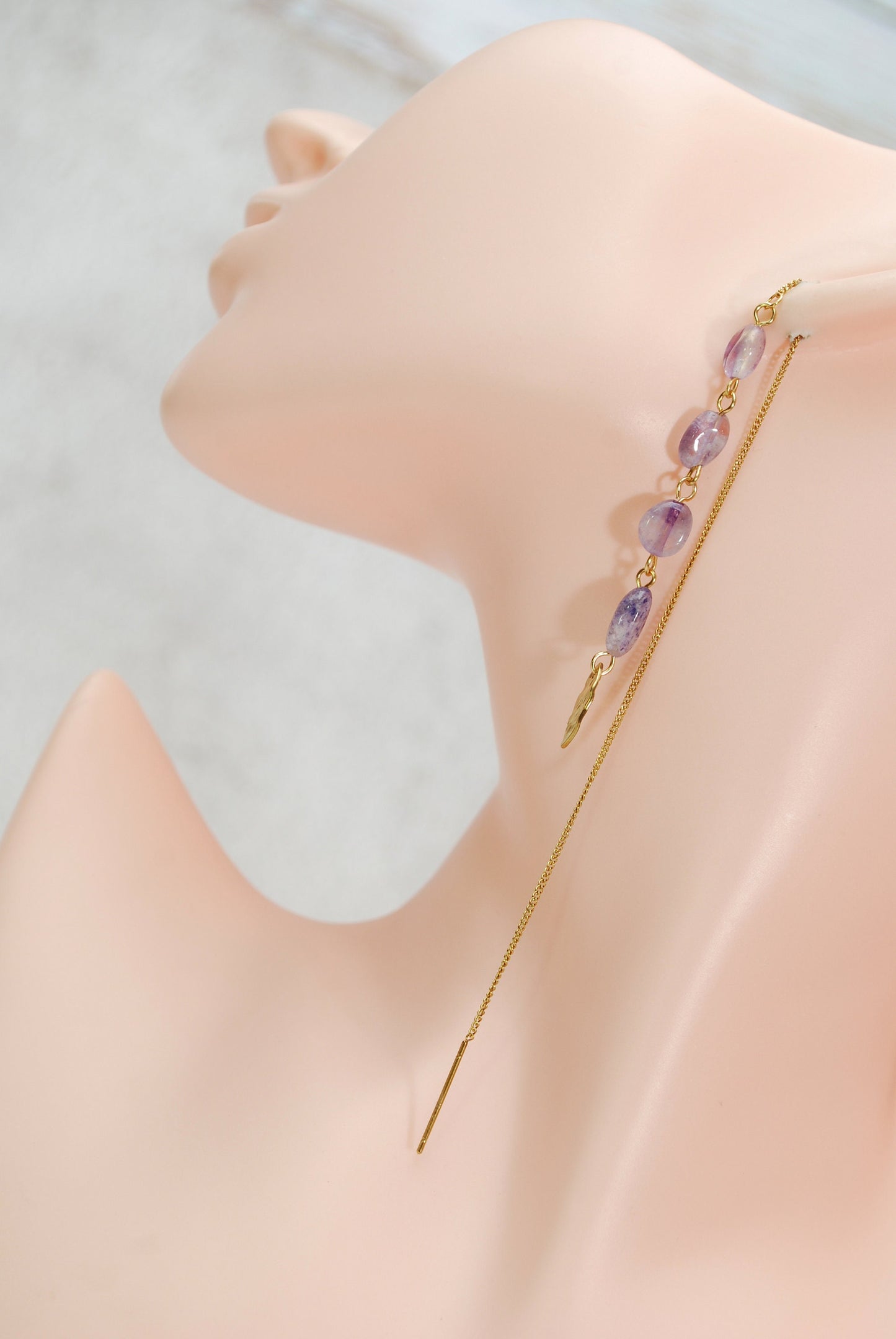 Cascade Amethyst Stone Gold Earrings with Long Bohemian Threader Chain and Stainless Steel, 19cm - 7.5 Inches.