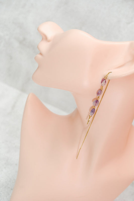 Cascade Amethyst Stone Gold Earrings with Long Bohemian Threader Chain and Stainless Steel, 19cm - 7.5 Inches.