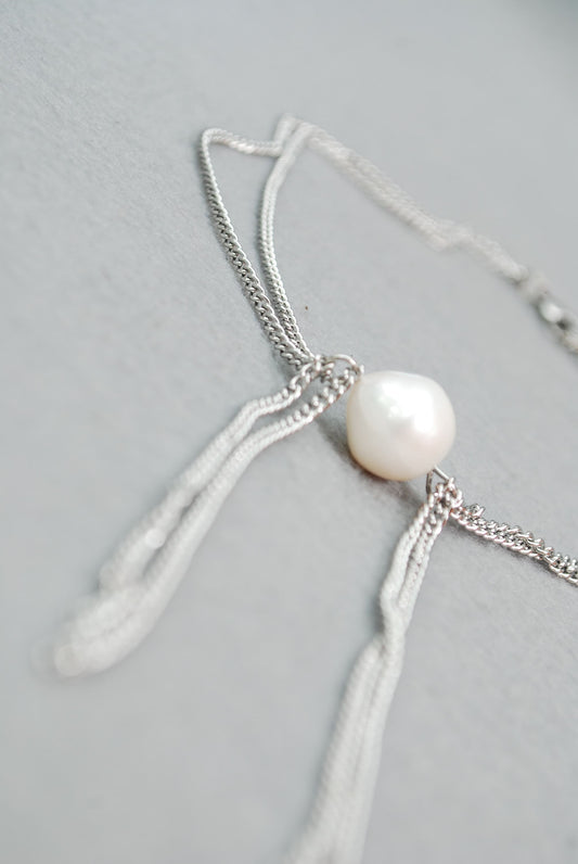 Fringe Chain & Big Pearl Necklace, Exclusive minimalist design, Stainless steel chain, 13" - 35cm with an adjustable chain