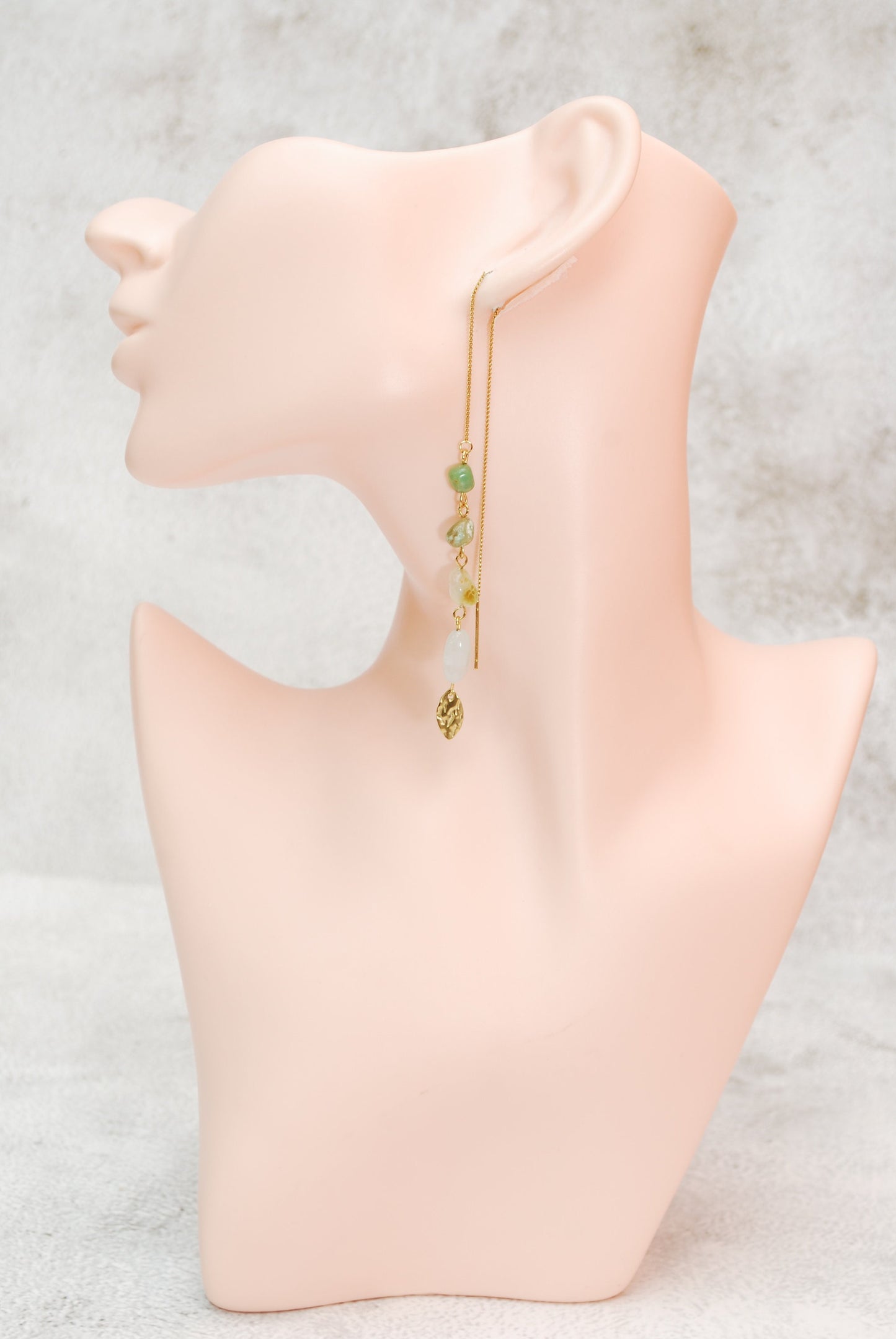 Chrysoprase stone cascade threader earrings, gold stainless steellong chain earrings, 19cm - 7.5"