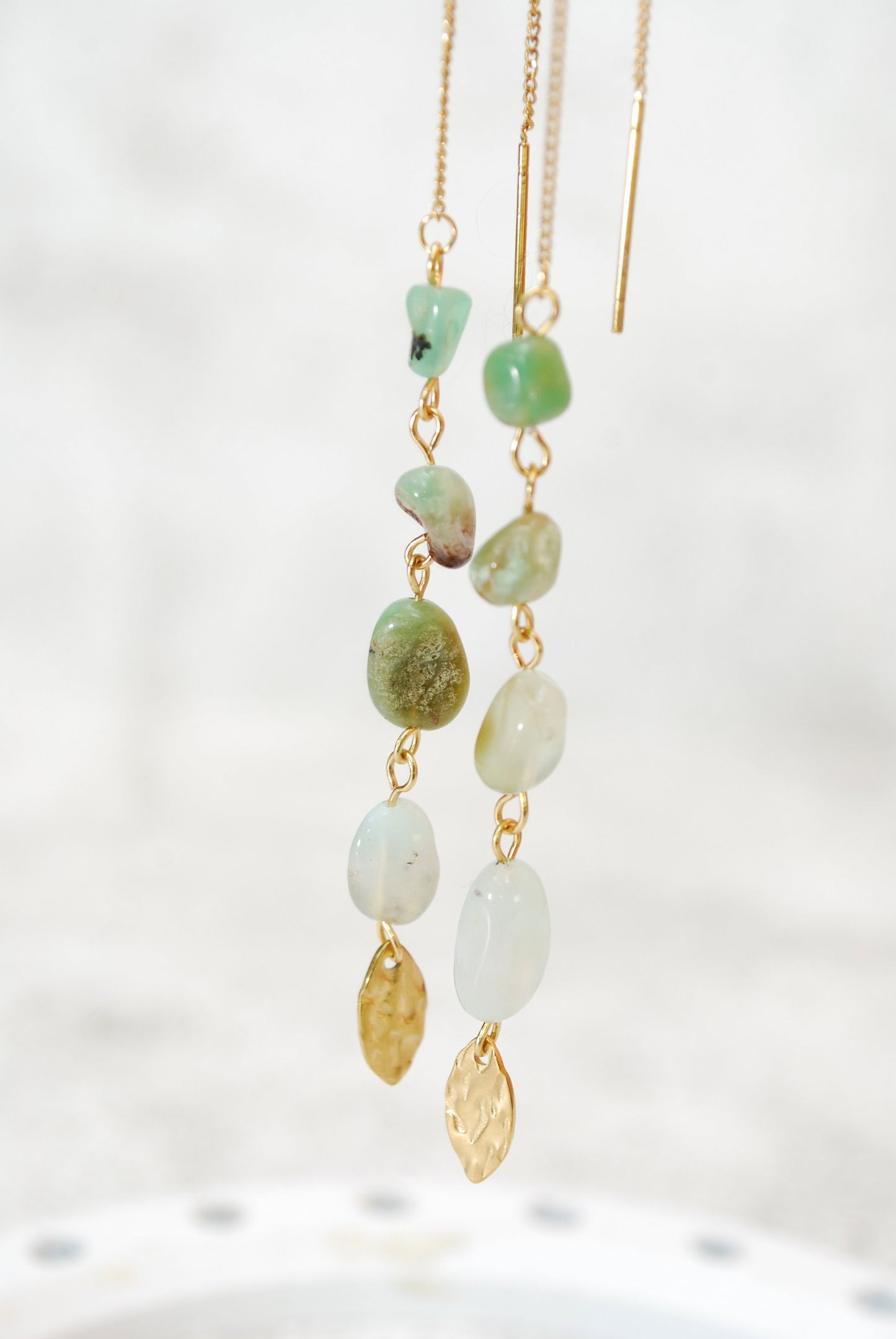 Chrysoprase stone cascade threader earrings, gold stainless steellong chain earrings, 19cm - 7.5"