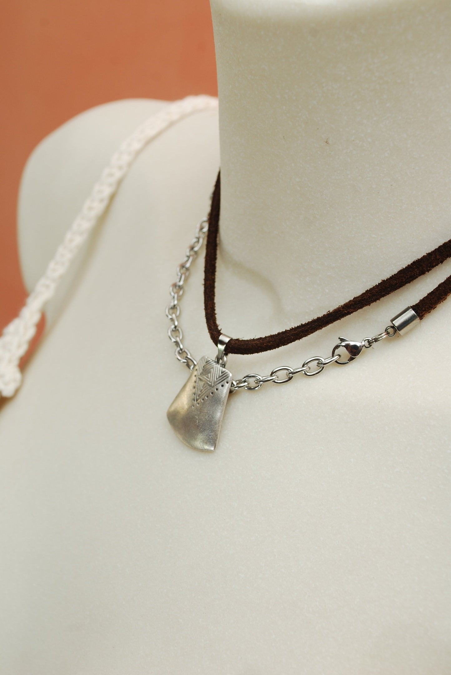 Ethnic necklace, brown leather cord & large stainless steel chain two turns, 29" - 74cm