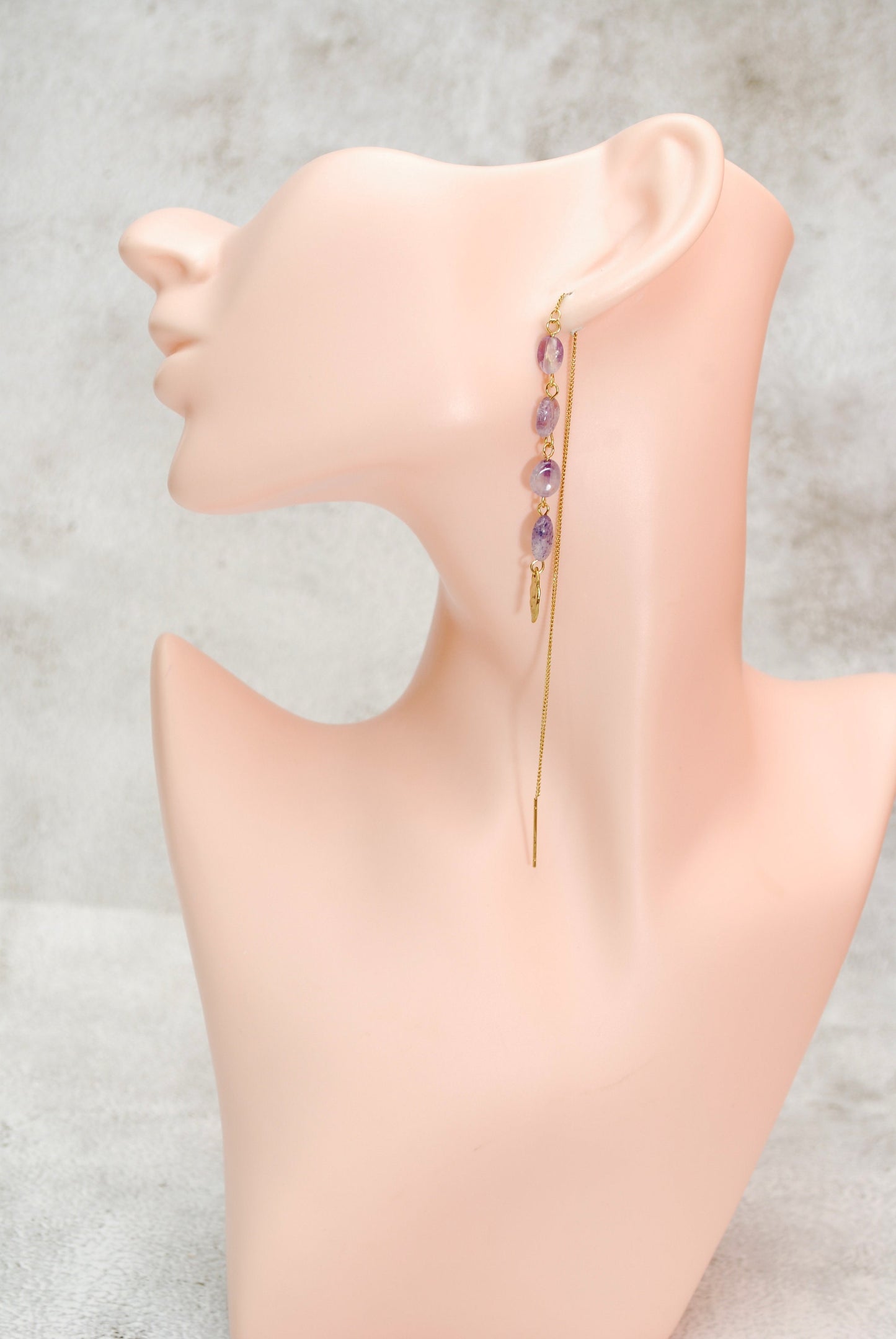 Cascade Amethyst Stone Gold Earrings with Long Bohemian Threader Chain and Stainless Steel, 19cm - 7.5 Inches.