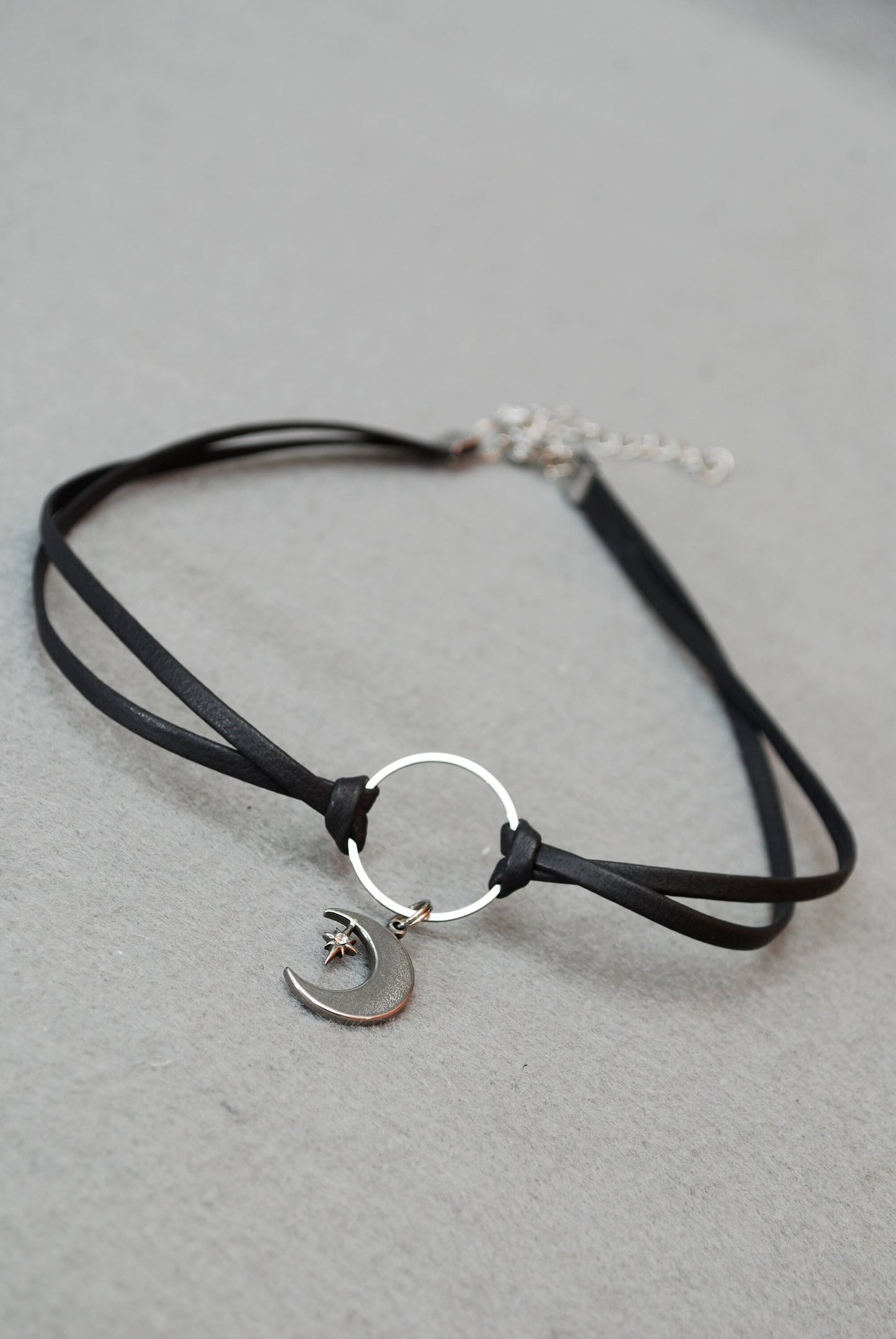 Black leather half-moon choker, light ring choker, simple choker, Estibela design, 33 cm - 13 in. Stainless steel pendant choker.