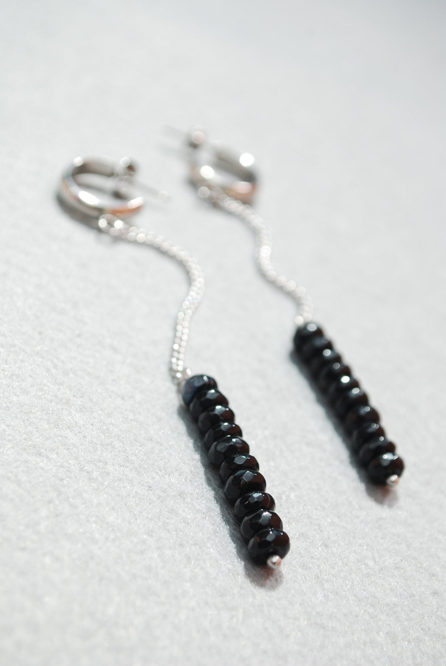 Set of agate stone necklace & earrings, black agate stone beads, stainess steel chain and hoop.  Y necklace.