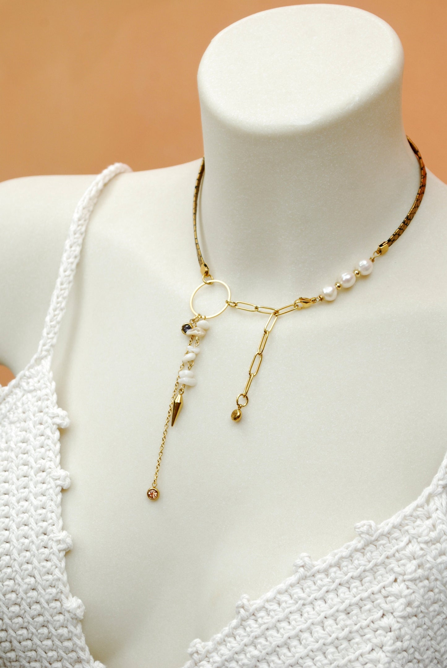 Sexy Snake, Gold Leather & Necklace Choker,  Stainless Steel Gold Chain, With Freshwater Pearls, Spike and rhinestone crystal beads charms