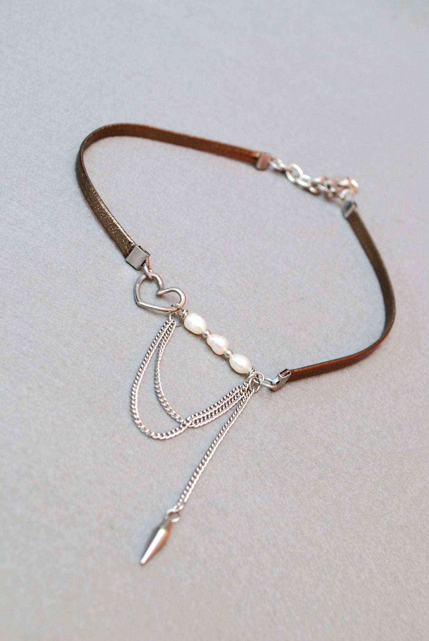 Sexy Choker, Brown & Silver Leather Choker,  Stainless Steel Chain, With Freshwater Pearls, Spike beads charms. 35 cm - 14 inches