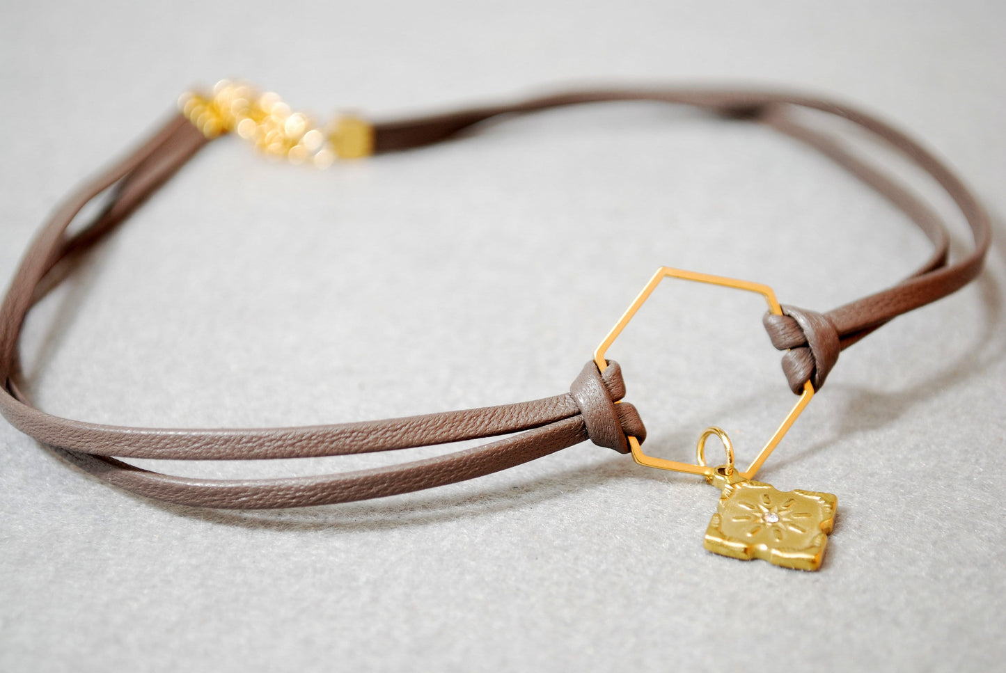 Boho-Chic Brown Leather Choker with Hexagon Stainless Steel Accent. 13" + adjustible chain