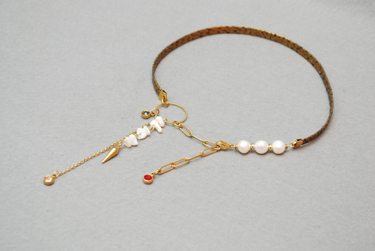 Sexy Snake, Gold Leather & Necklace Choker,  Stainless Steel Gold Chain, With Freshwater Pearls, Spike and rhinestone crystal beads charms