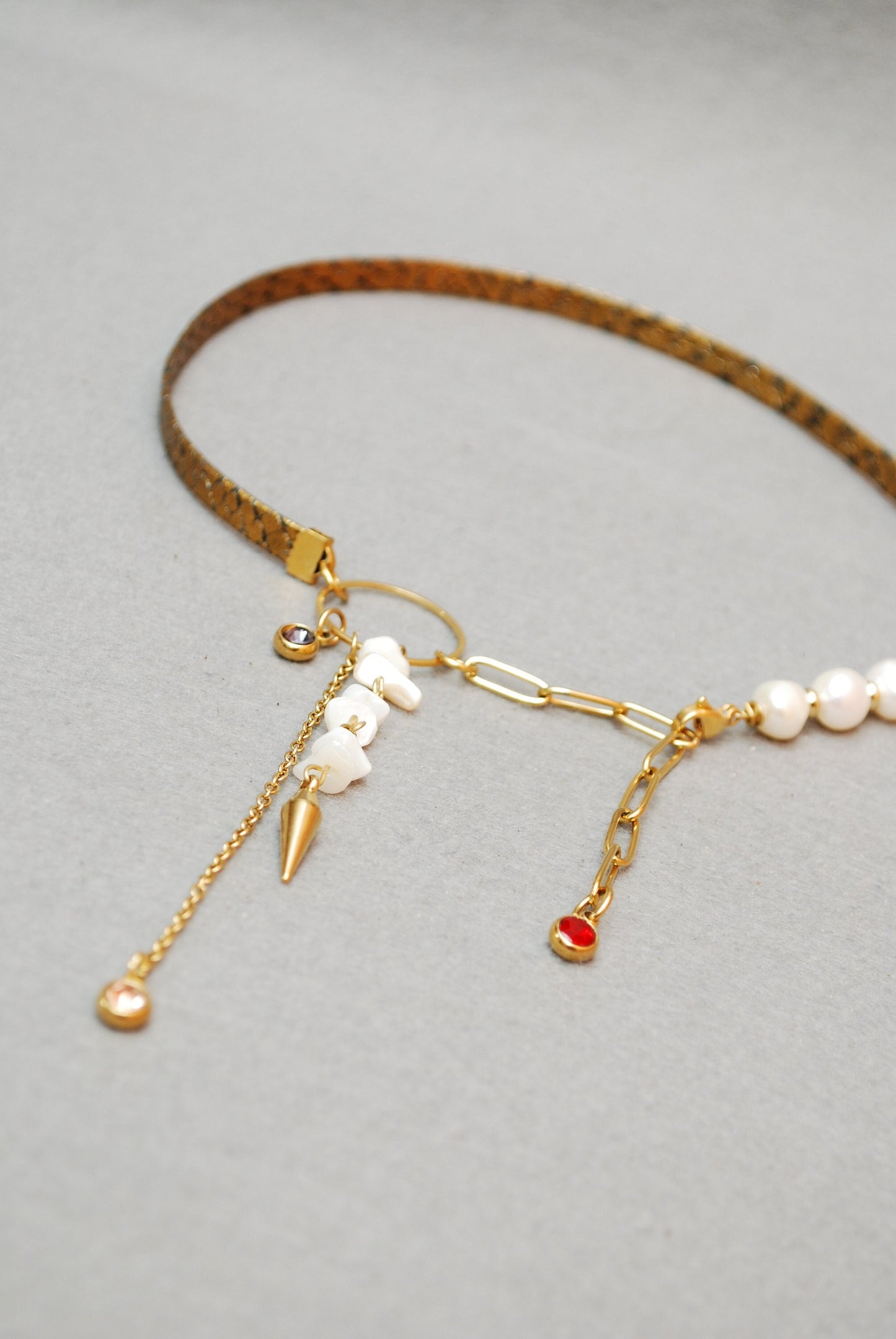 Sexy Snake, Gold Leather & Necklace Choker,  Stainless Steel Gold Chain, With Freshwater Pearls, Spike and rhinestone crystal beads charms