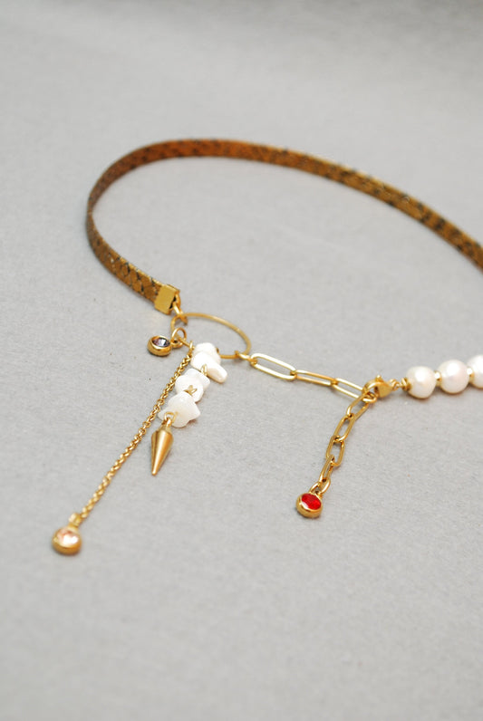 Sexy Snake, Gold Leather & Necklace Choker,  Stainless Steel Gold Chain, With Freshwater Pearls, Spike and rhinestone crystal beads charms