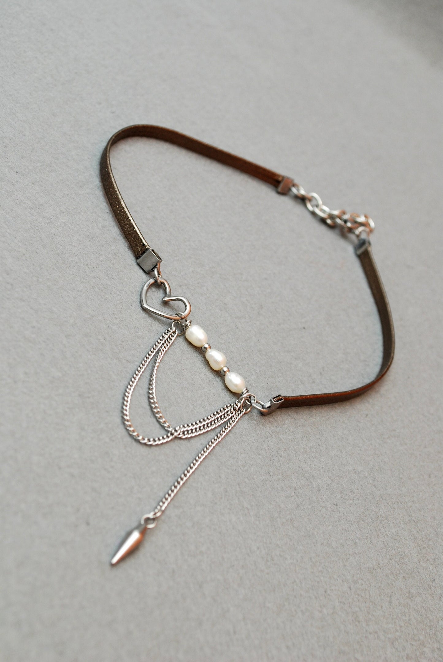 Sexy Choker, Brown & Silver Leather Choker,  Stainless Steel Chain, With Freshwater Pearls, Spike beads charms. 35 cm - 14 inches