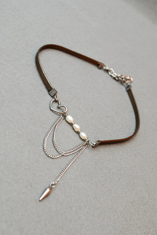 Limited Stock Available! Sexy Choker, Brown & Silver Leather Choker,  Stainless Steel Chain, With Freshwater Pearls,  35 cm - 14 inches