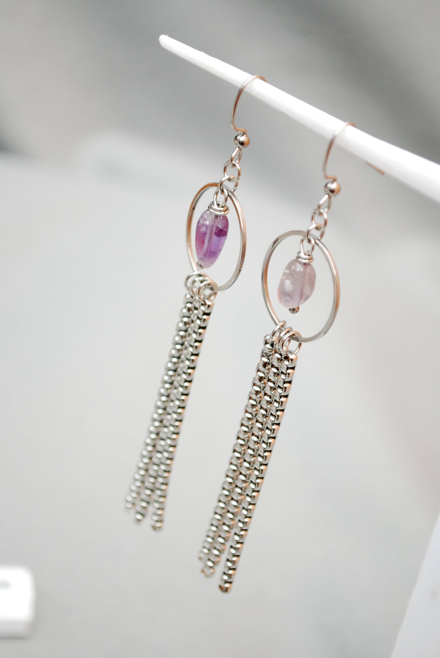 Vibrant Stainless Steel Earrings with Amethyst Beads: Playful Accessories for the Modern Fashionista! Estibela design. 10cm - 4"