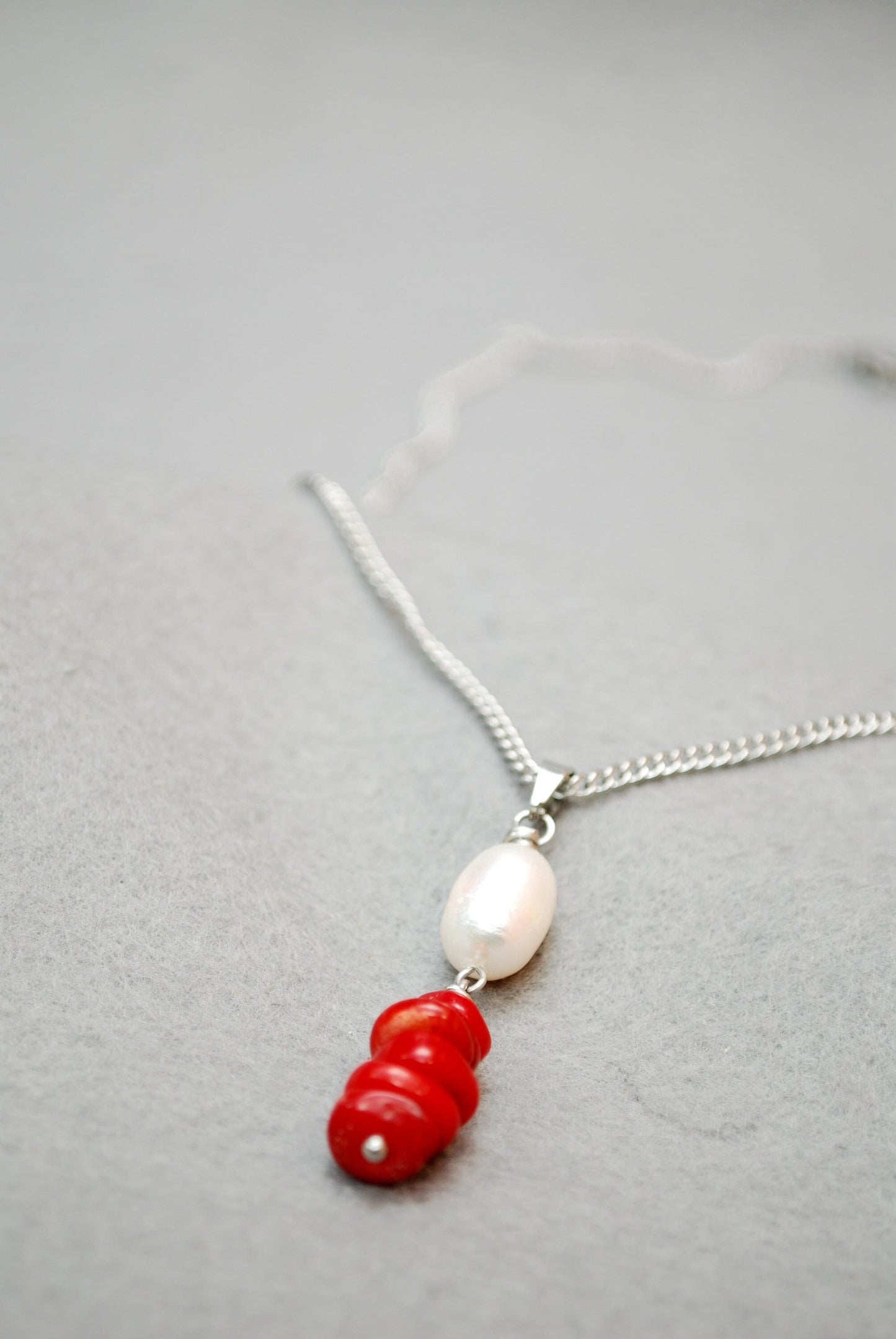 Elegant Stainless Steel Necklace with Freshwater Pearl Pendant and Coral Stones,  Delicate pearl & stone pendant