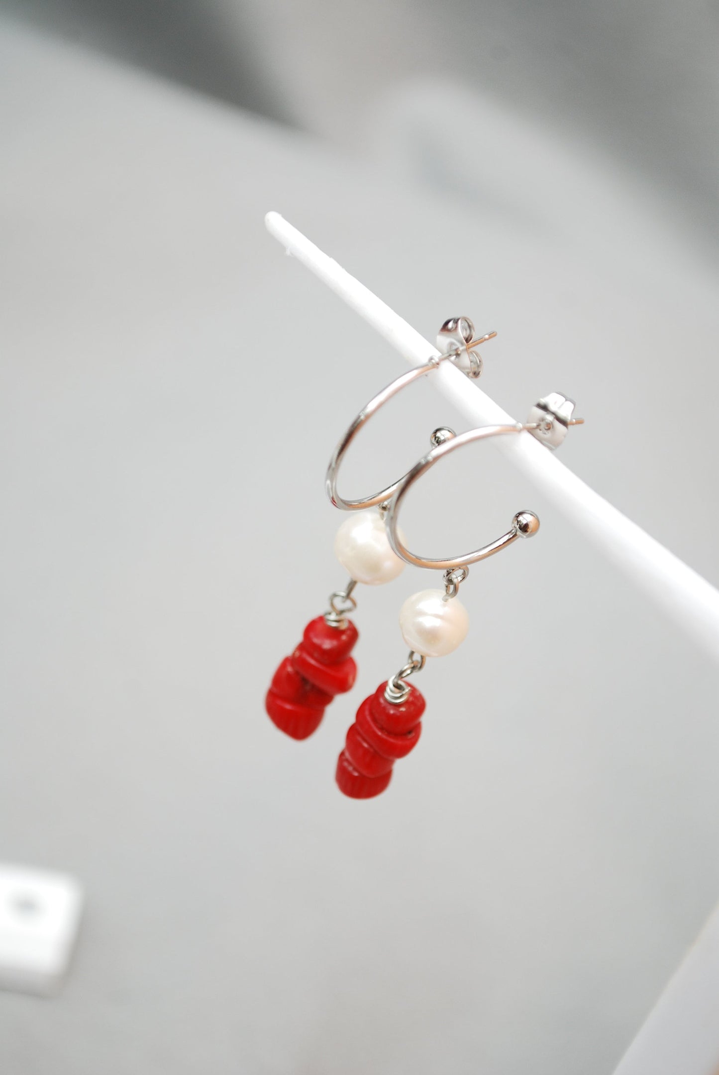 Stainless Steel Earrings with River Pearl Bead and Red Coral Stone Accents  -5.4cm 2.2"